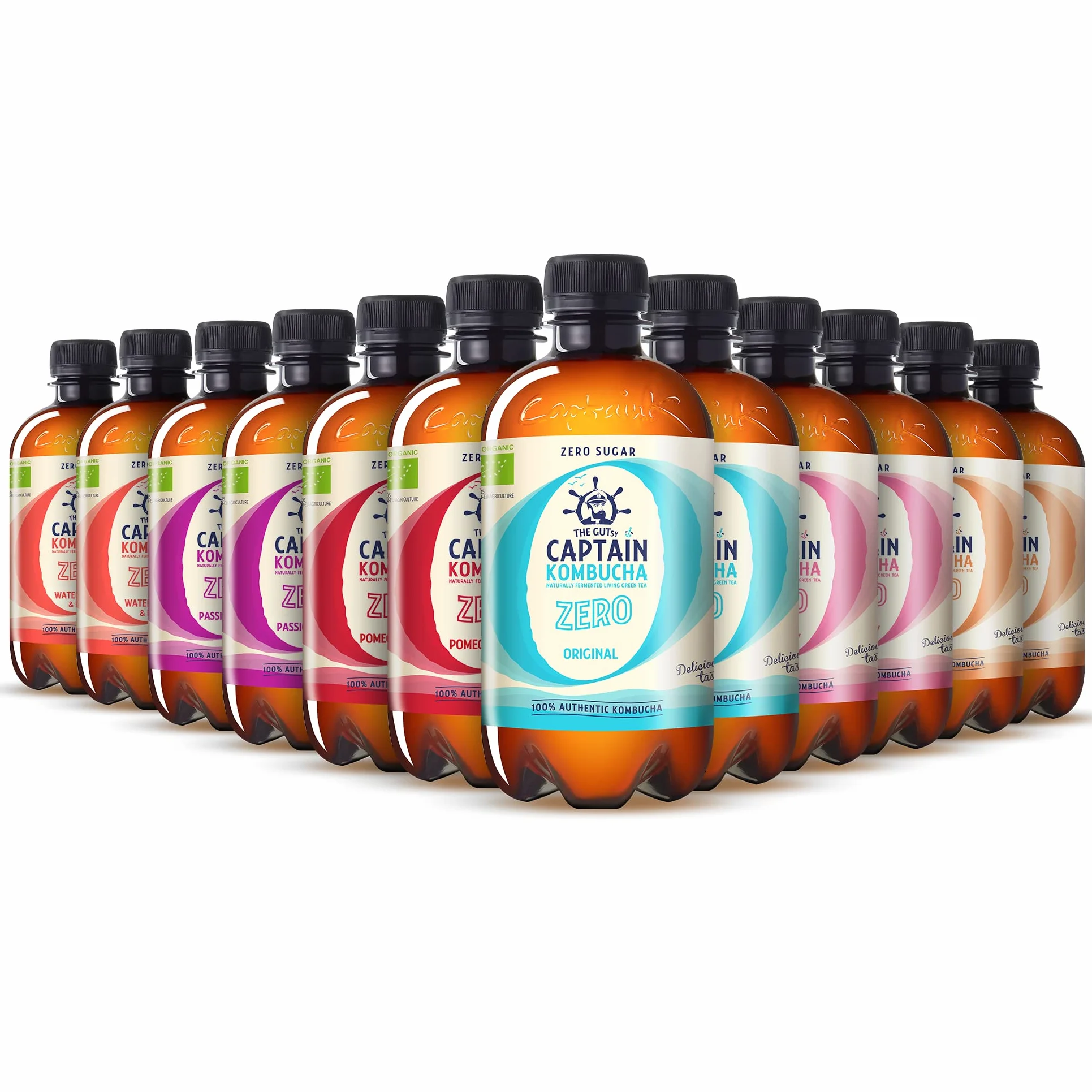 Gutsy Captain Kombucha Zero Calories, Zero Sugar - herbata kombucha, żywe kultury, bez konserwantów, niepasteryzowana, surowa i wegańska, 12 x 400 ml