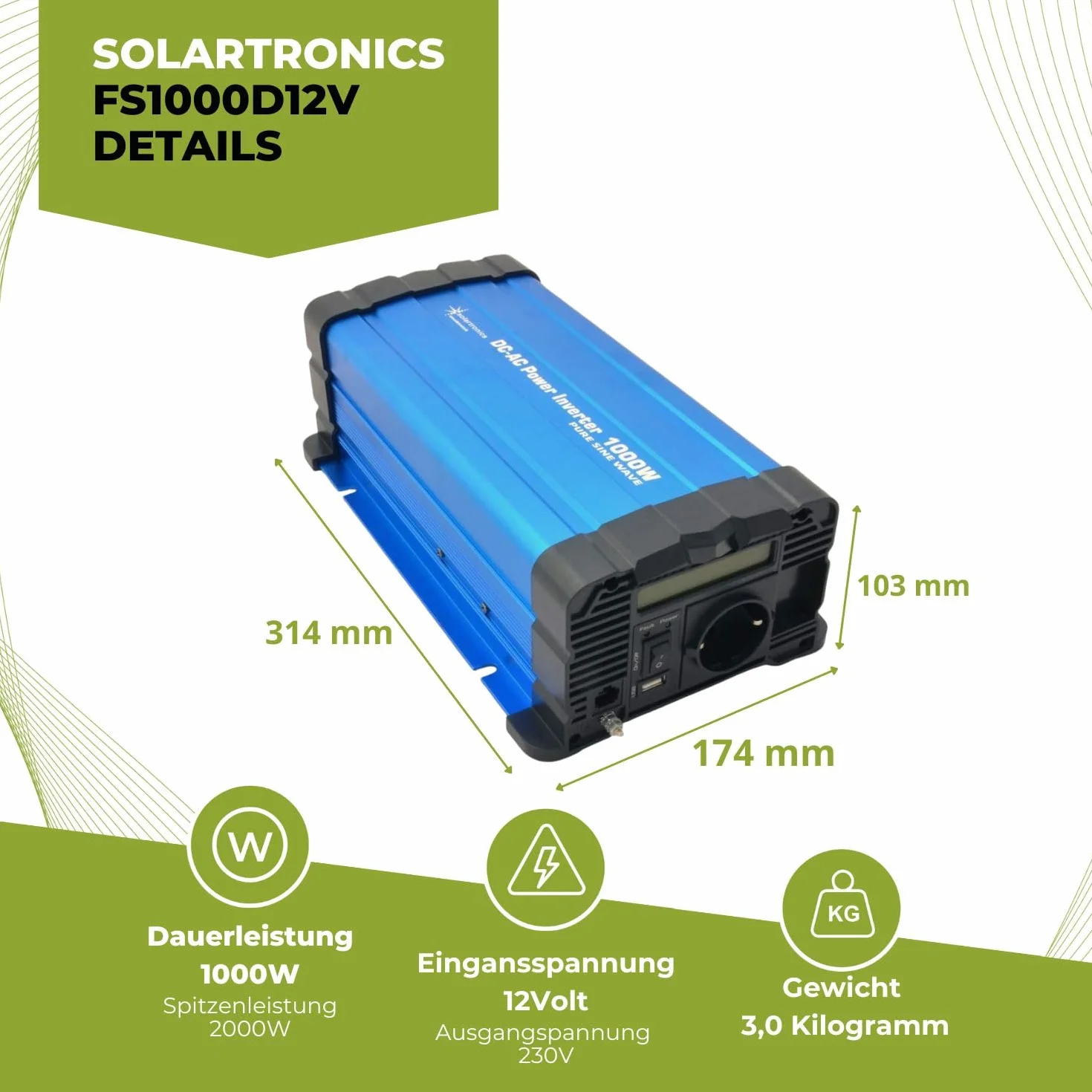 Solartronics Konwerter napięcia FS1000D 12 V 1000/2000 W, czysty sinus niebieski, z wyświetlaczem falownik serii FS