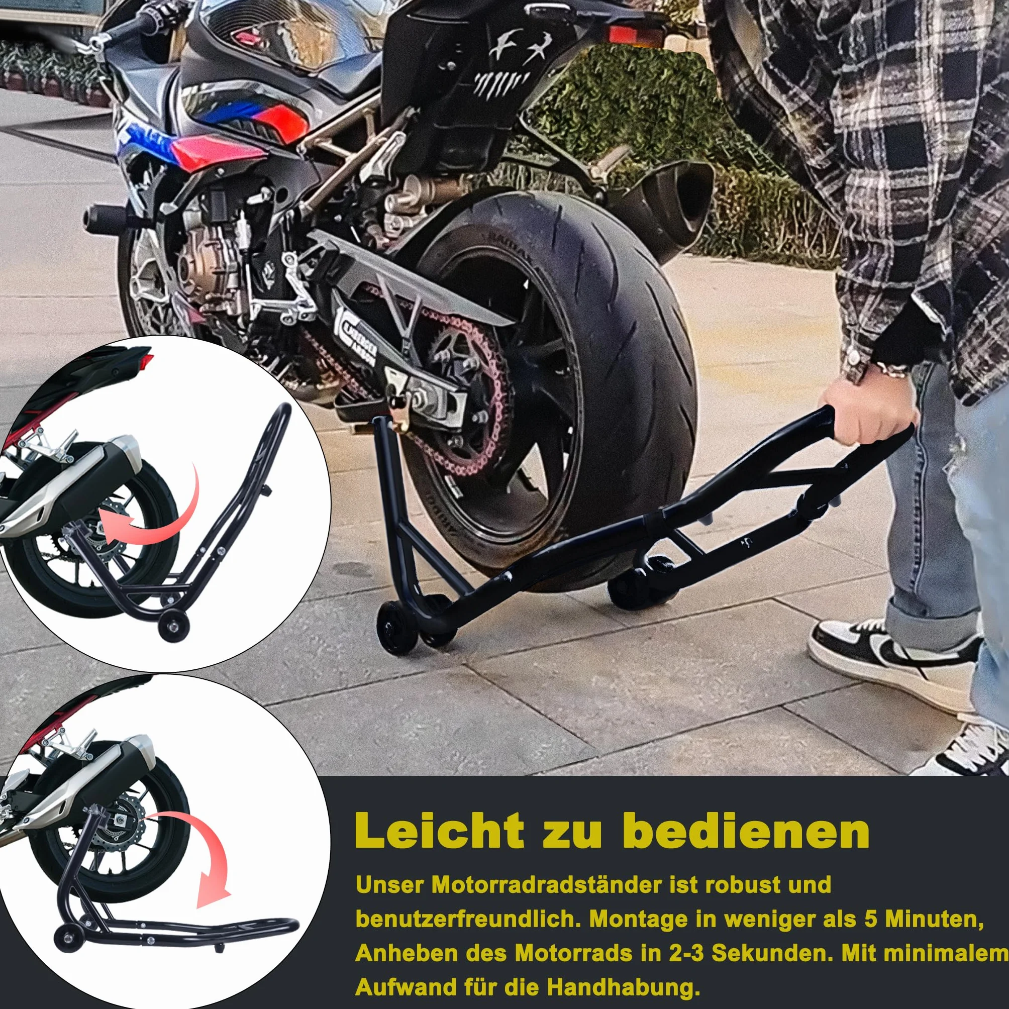 XMTECH 2 sztuki stojaków na motocykl z tyłu i z przodu, stojak do montażu motocykla, stojak na motocykl, zestaw z kółkami, czarny