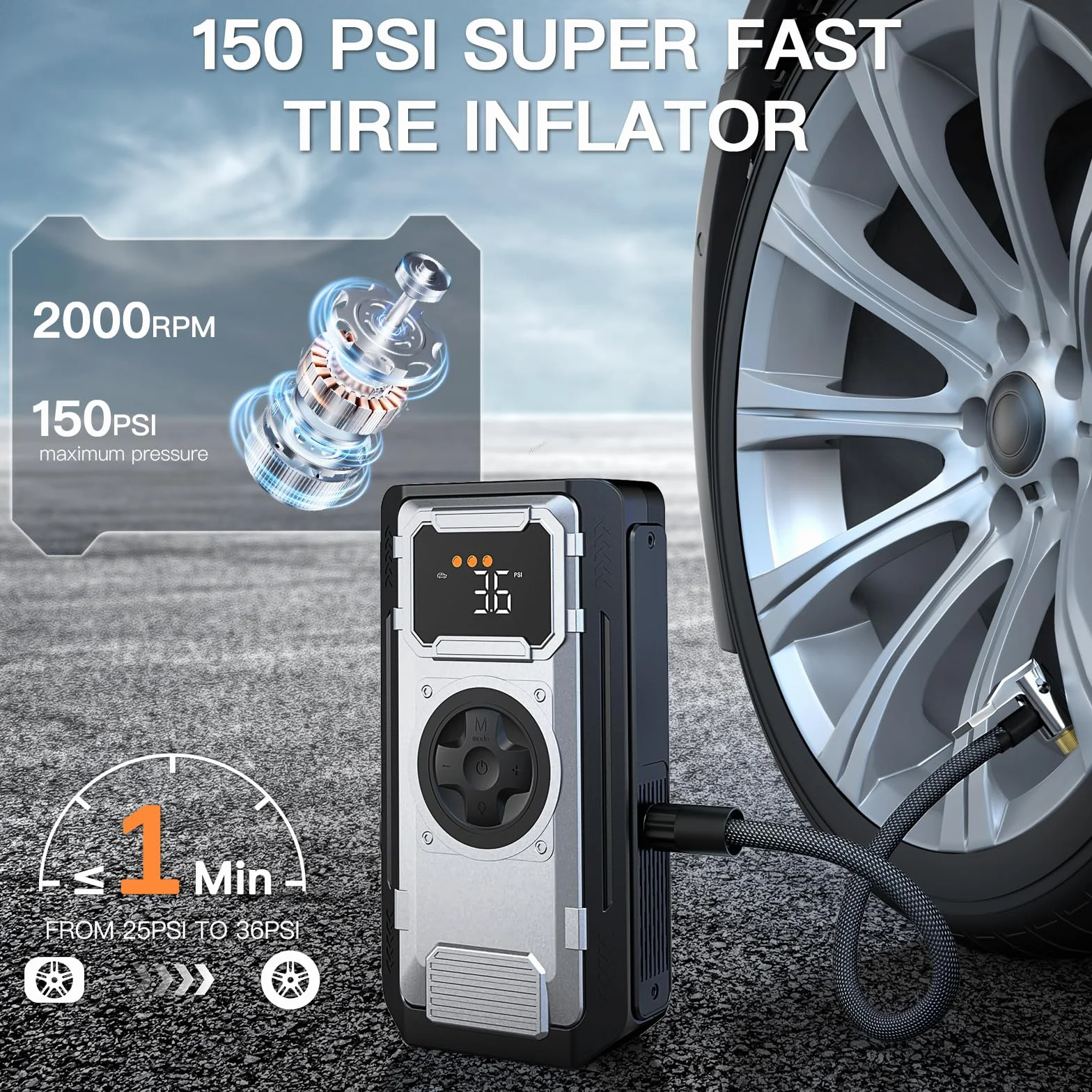 Powerbank rozruchowy o mocy szczytowej 6000A, booster do aut osobowych – działa do wszystkich benzyn / 10,0L diesla, rozrusznik 12V z wyświetlaczem LCD i szybkim ładowaniem USB (kolor srebrny)