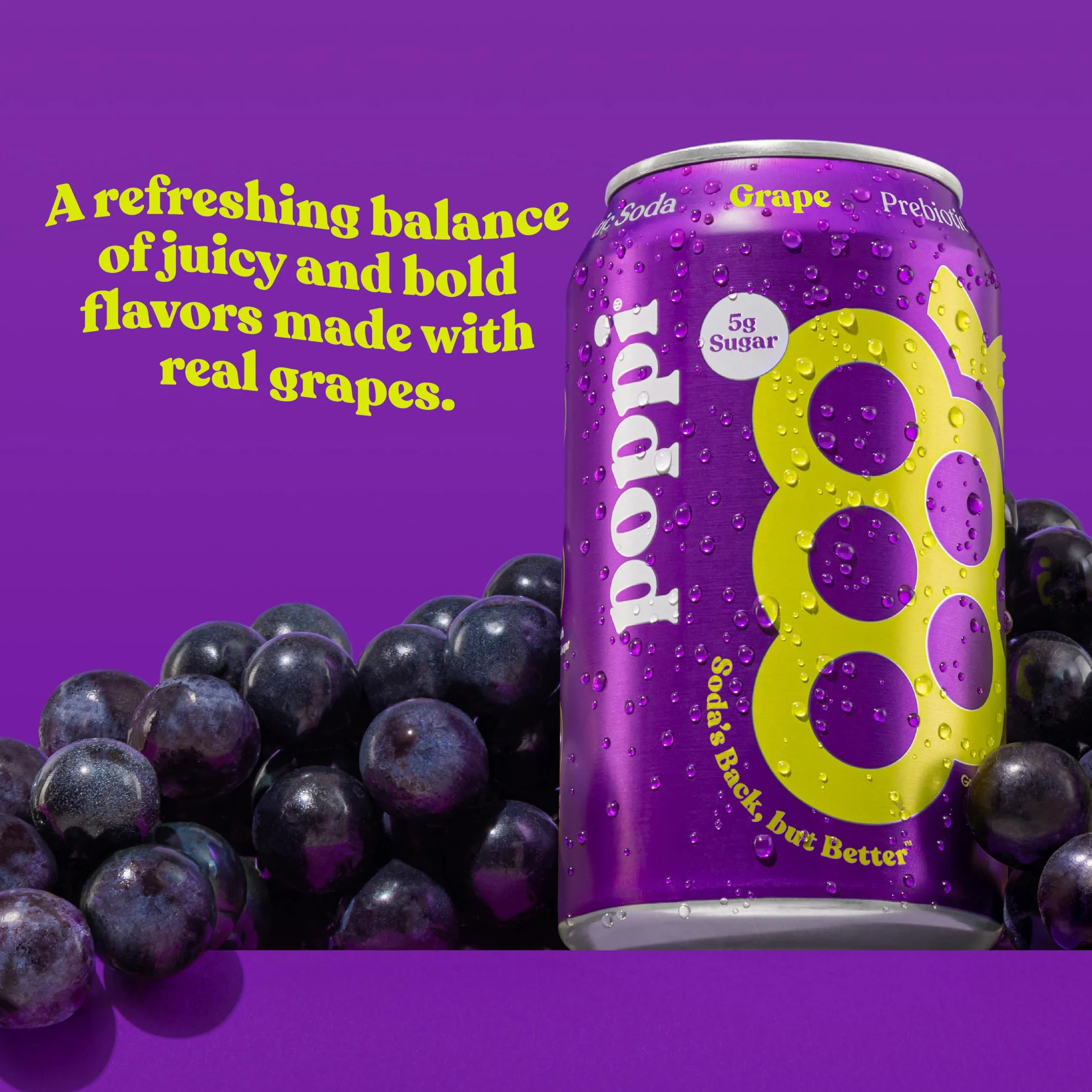 POPPI Sparkling Prebiotic Grape Soda w/Gut Health & Immunity Benefits, Beverages made with Apple Cider Vinegar, Seltzer Water & Fruit Juice, Low Calorie & Low Sugar Drinks, 12oz (12 Pack)