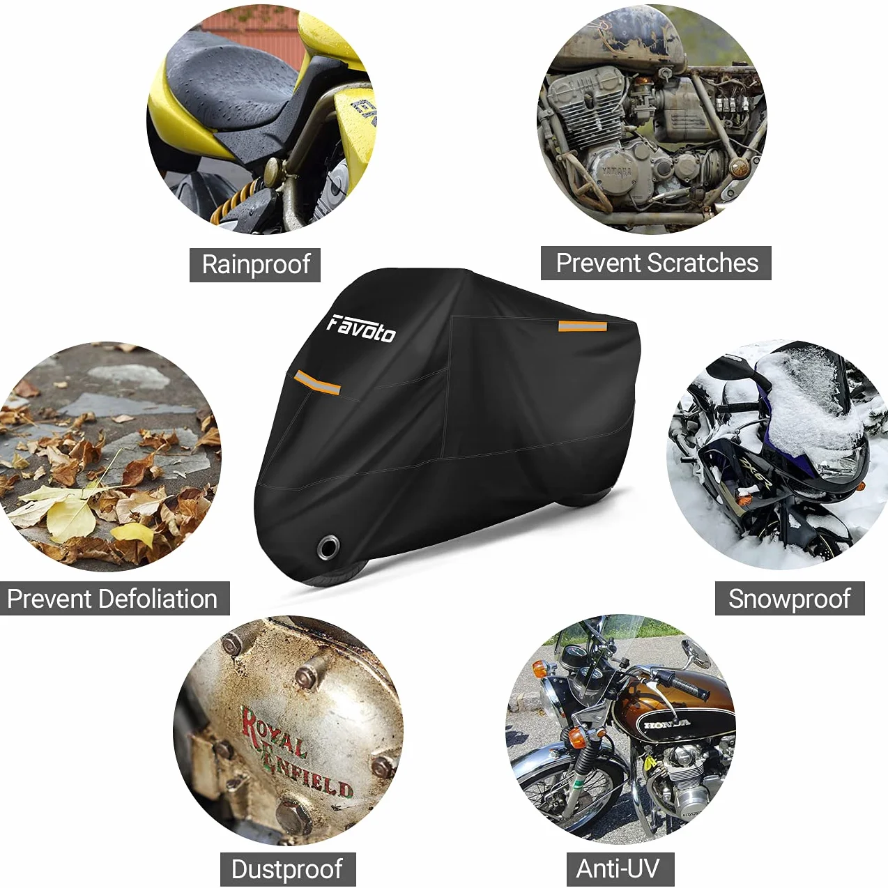 Favoto Pokrowiec na motocykl Pokrowiec na motocykl zewnętrzny XXXL 210T Pokrowiec z tkaniny Oxford Wewnętrzny pokrowiec na motocykl Pyłoszczelny z wodoodpornymi paskami Ulepszony otwór blokujący 265 cm x 105 cm x 125 cm