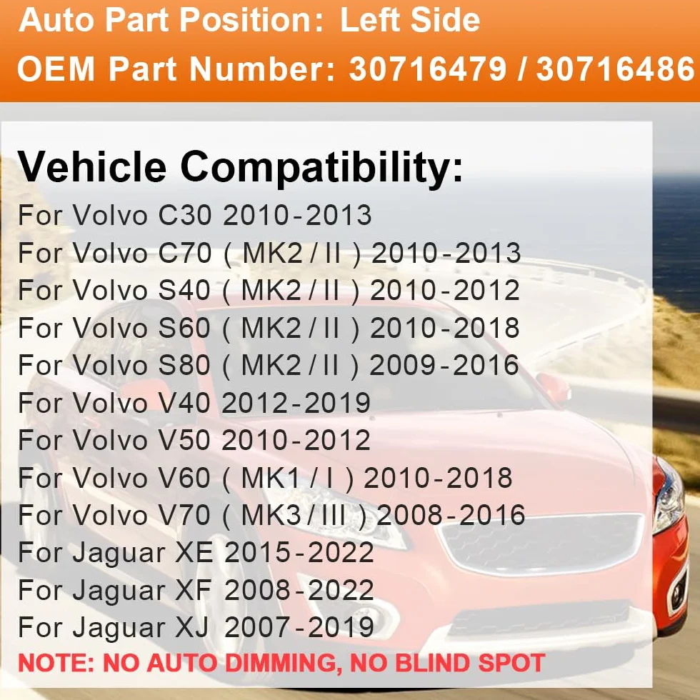 SENZEAL Szkło Lusterka Wstecznego Podgrzewane Strona Kierowcy do Volvo C30 C70 2010-2013 S40 S60 S80 V40 V50 V60 V70 Jaguar XE XF XJ 30716479 (Lewa Strona)