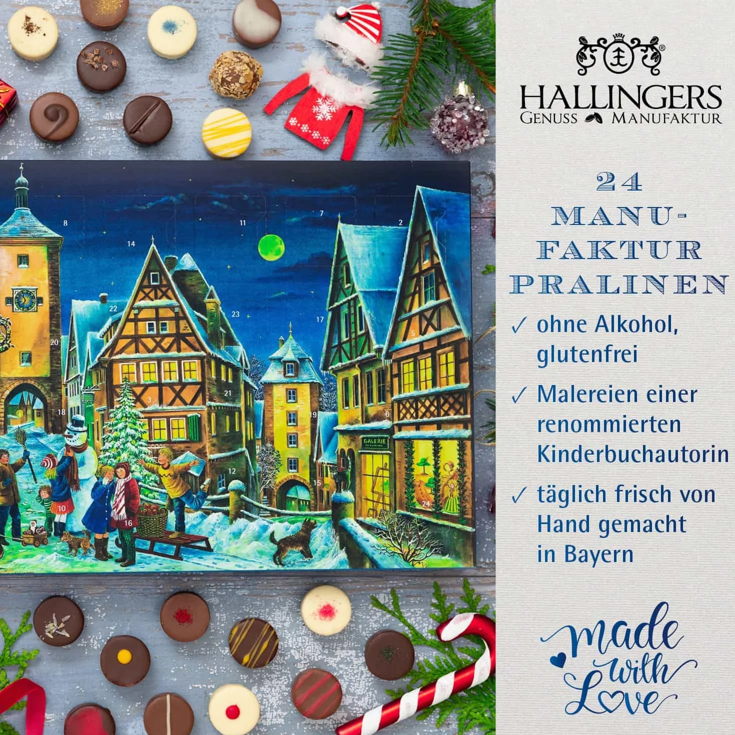 Hallingers Rothenburg – czekoladowy kalendarz adwentowy 2025, pralinki, wysokiej jakości, ręcznie wykonany bez alkoholu, wysokiej jakości opakowanie (pudełko) – pomysły na prezent na Boże Narodzenie i