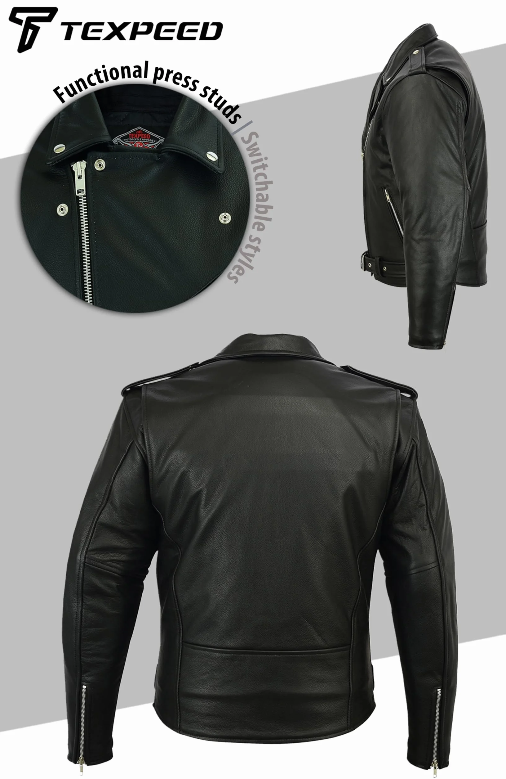 Kurtka motocyklowa męska skóra z pancerzem Marlon Brando Perfecto retro chopper CE Armor biker EN 1621-1 Texpeed Czarny XL