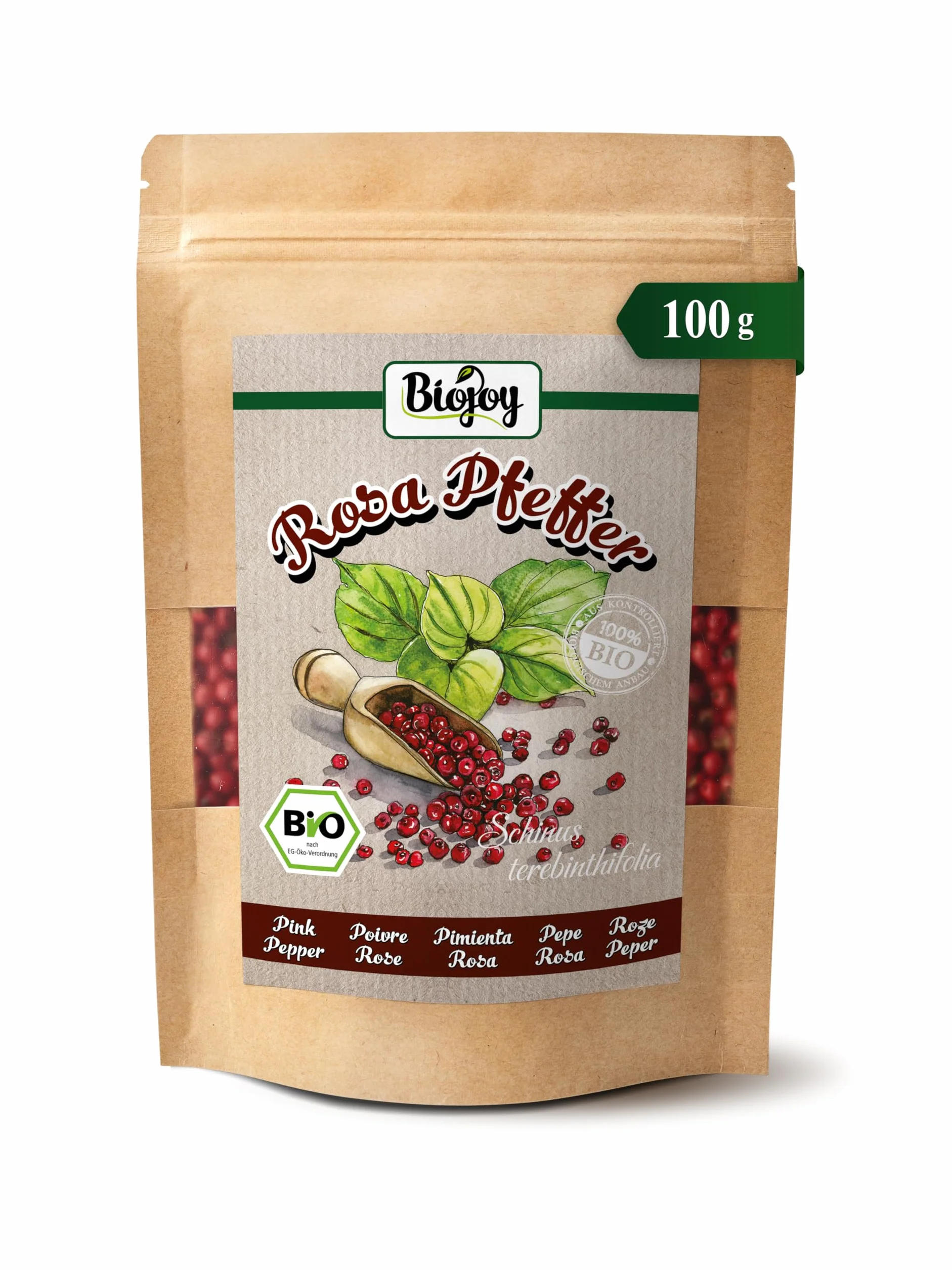 Biojoy Ekologiczny Różowy pieprz cały (100 g), jagody pieprzu różowego bez dodatków (Schinus terebinthifolia)