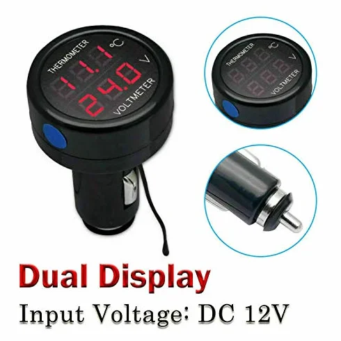 Woltomierz i termometr 2 w 1, DC 12 V 24 V LED zapalniczka samochodowa podwójny termometr cyfrowy, woltomierz, cyfrowy wyświetlacz baterii, miernik temperatury, monitor, miernik temperatury