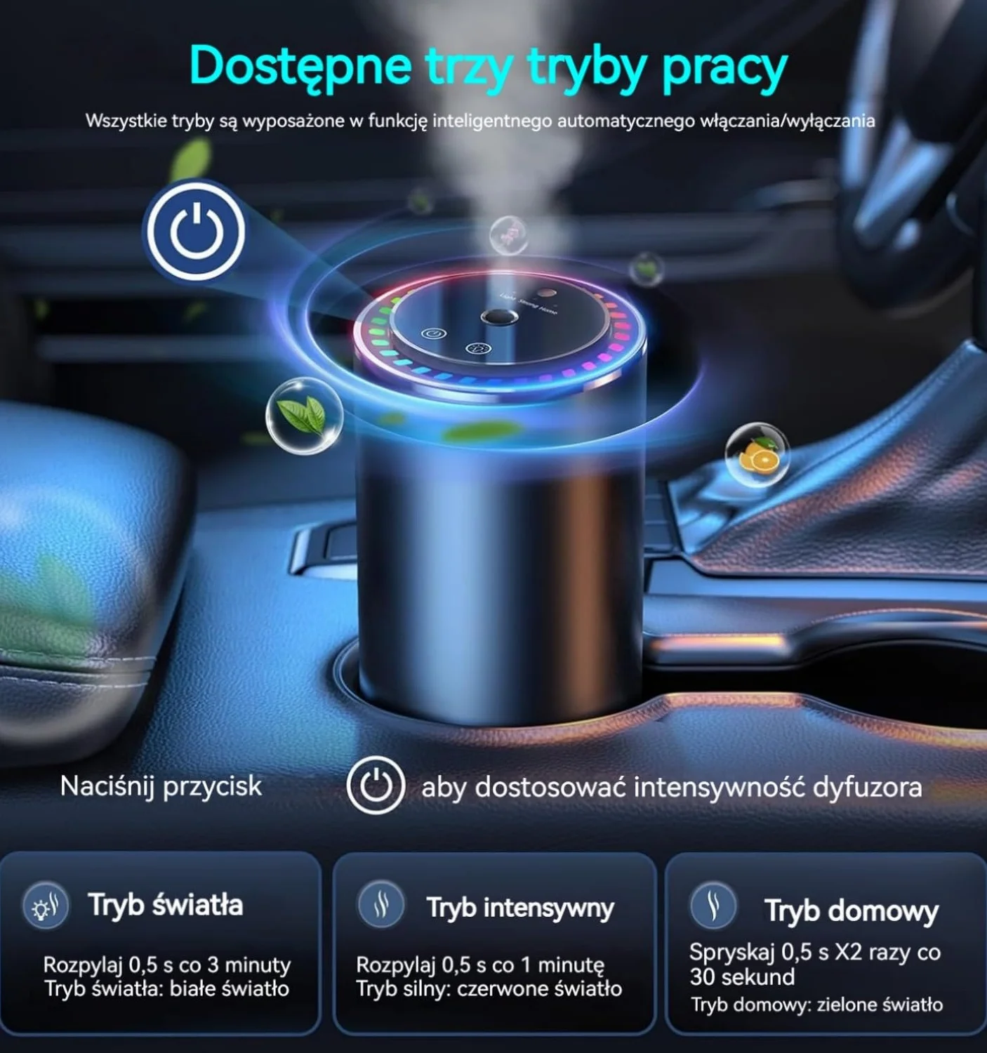 2025 Odświeżacz Powietrza do Samochodu 50ml Perfum, Dyfuzor Zapachu, 3 Tryby, Ultradźwiękowy, Auto ON/OFF, Akumulator, 5 Miesięcy Użytkowania (Czujnik Muzyczny) BJ-579 (Morska Bryza)