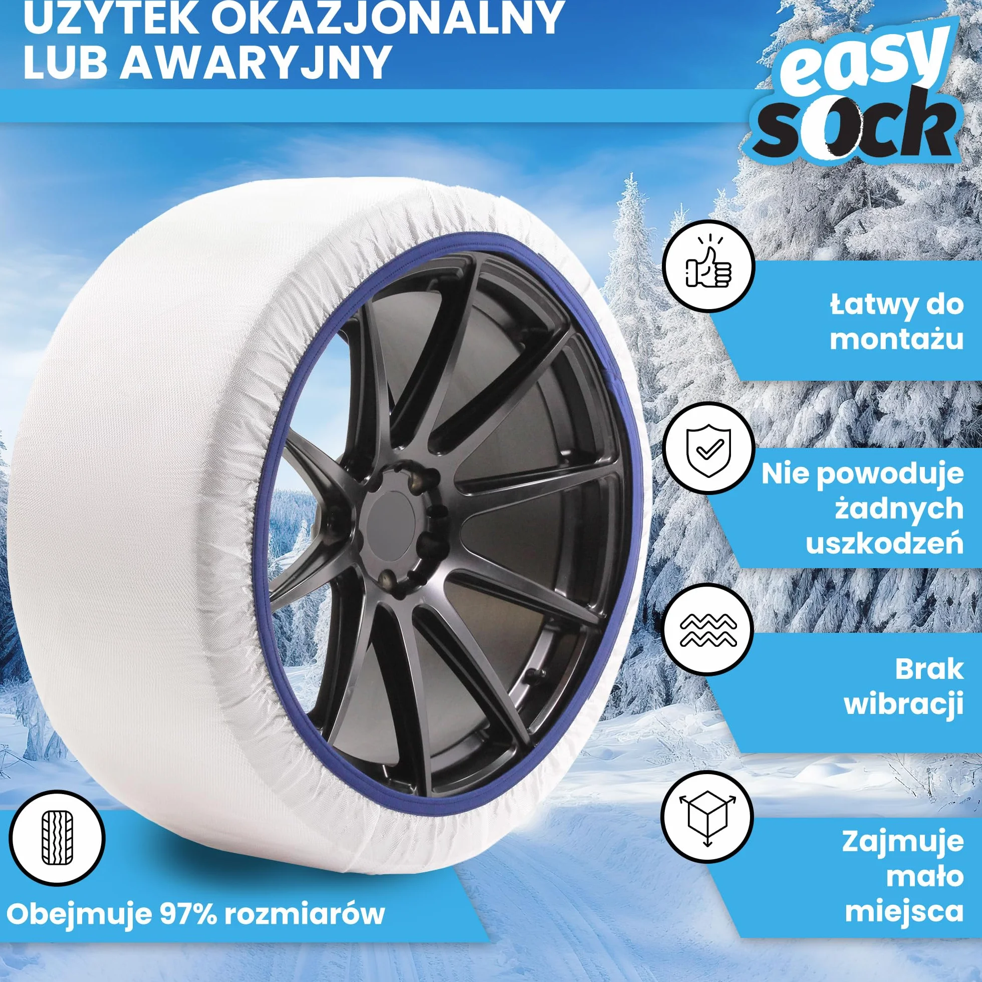 Easysock L - Tekstylne łańcuchy śniegowe do samochodu, Zatwierdzony zgodnie z normą EN 16662-1 - Tekstylne codzienne łańcuchy na śnieg i lód - 2 sztuki w zestawie