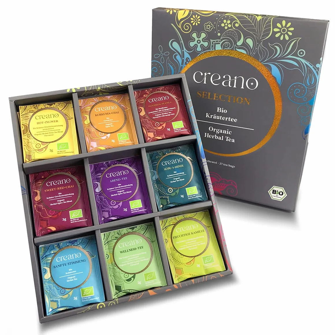 Zestaw prezentowy herbaty ziołowej Creano Organic „Herbata ziołowa organiczna” – 27 torebek herbaty organicznej w 9 różnych wariantach – 54 g – NOWOŚĆ*