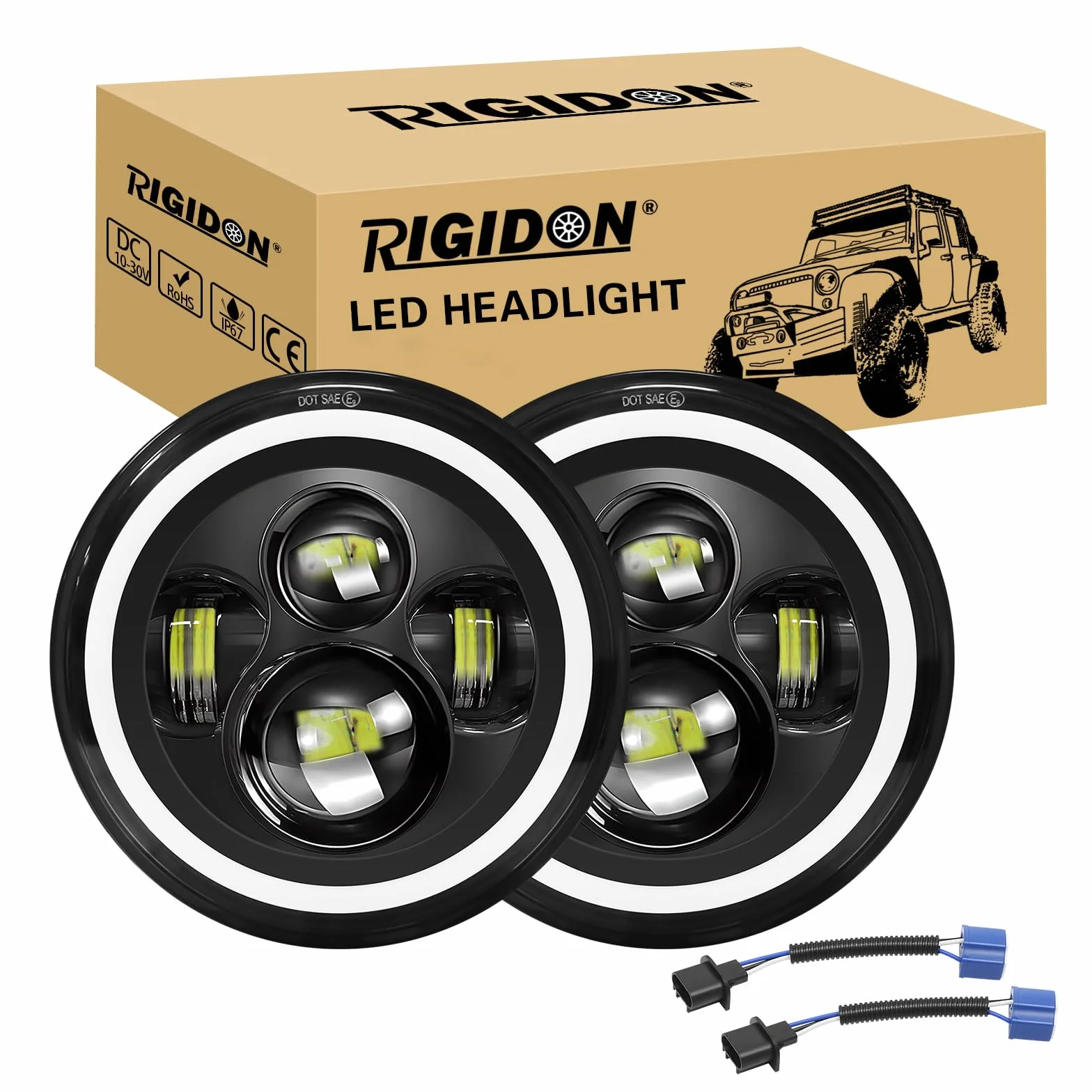RIGIDON Okrągły reflektor LED 17.8 cm, bursztynowy aureola kierunkowskaz biały DRL światła drogowe/mijania, 4 diody LED 50 W kątowe oczy kompatybilne z Jeep Wrangler JK LJ CJ TJ Dirtbike motocykl