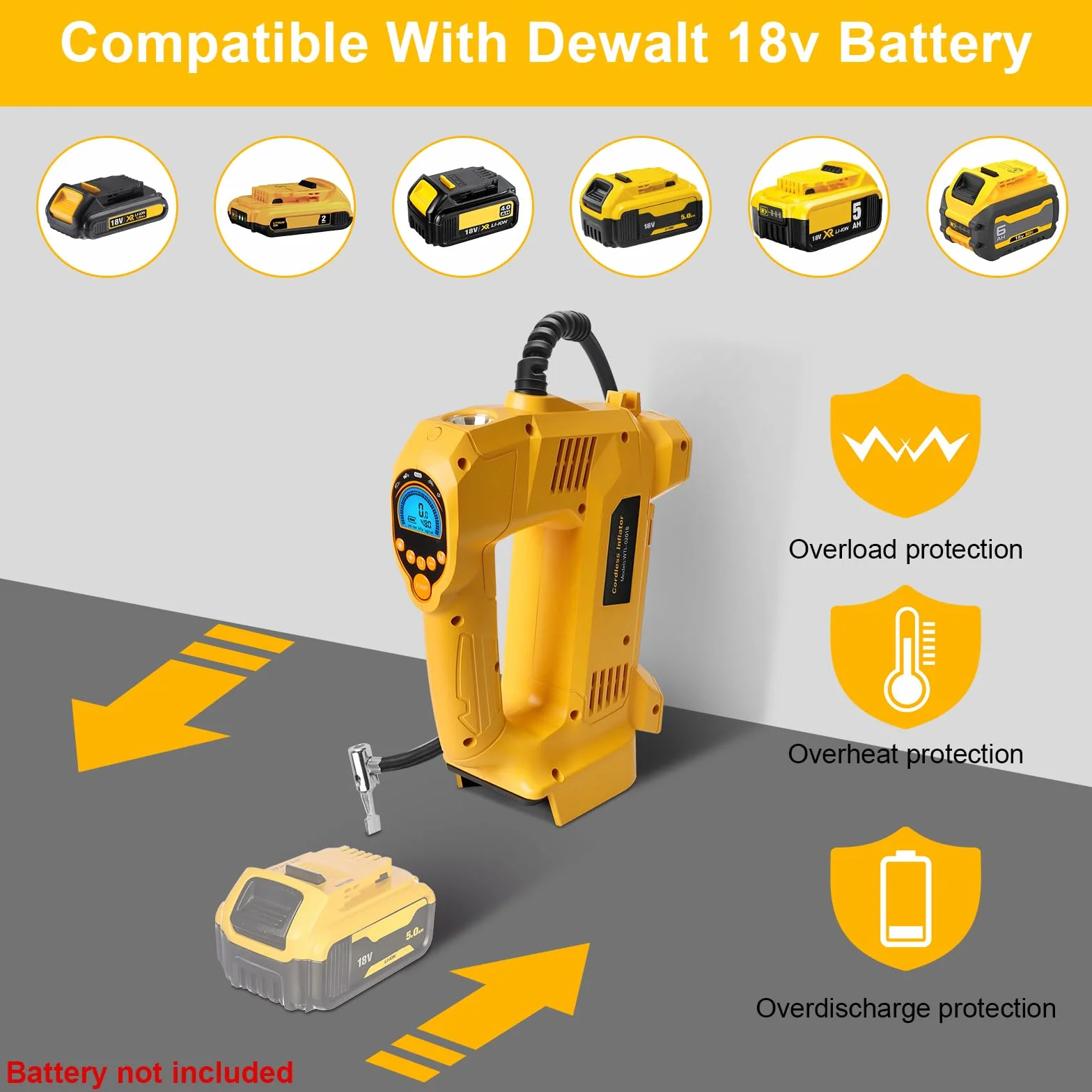 QUPERR bezprzewodowy kompresor kompatybilny z akumulatorem Dewalt 18V, do 10,34 bar, z LED i auto-stop, przenośna pompka do auta, motocykla, roweru i piłek (bez akumulatora)
