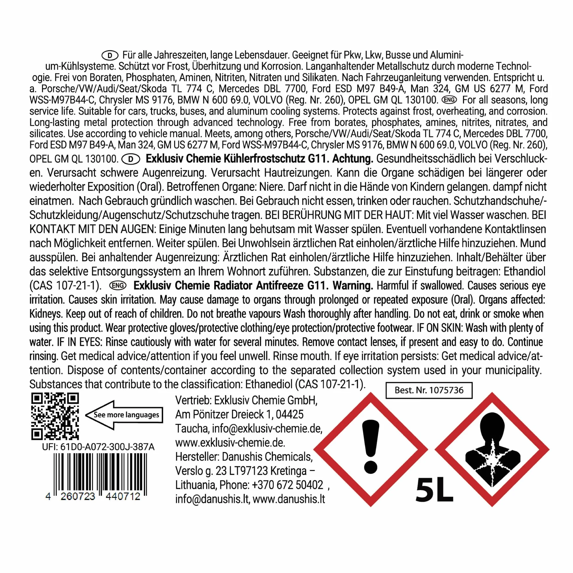 Exklusiv Chemie G11 Płyn chłodniczy do -40 °C – 5 litrów – 5 lat | Antifreeze do silnika | Płyn chłodzący G11 niebieski | Gotowy do użycia | z lejkiem do napełniania