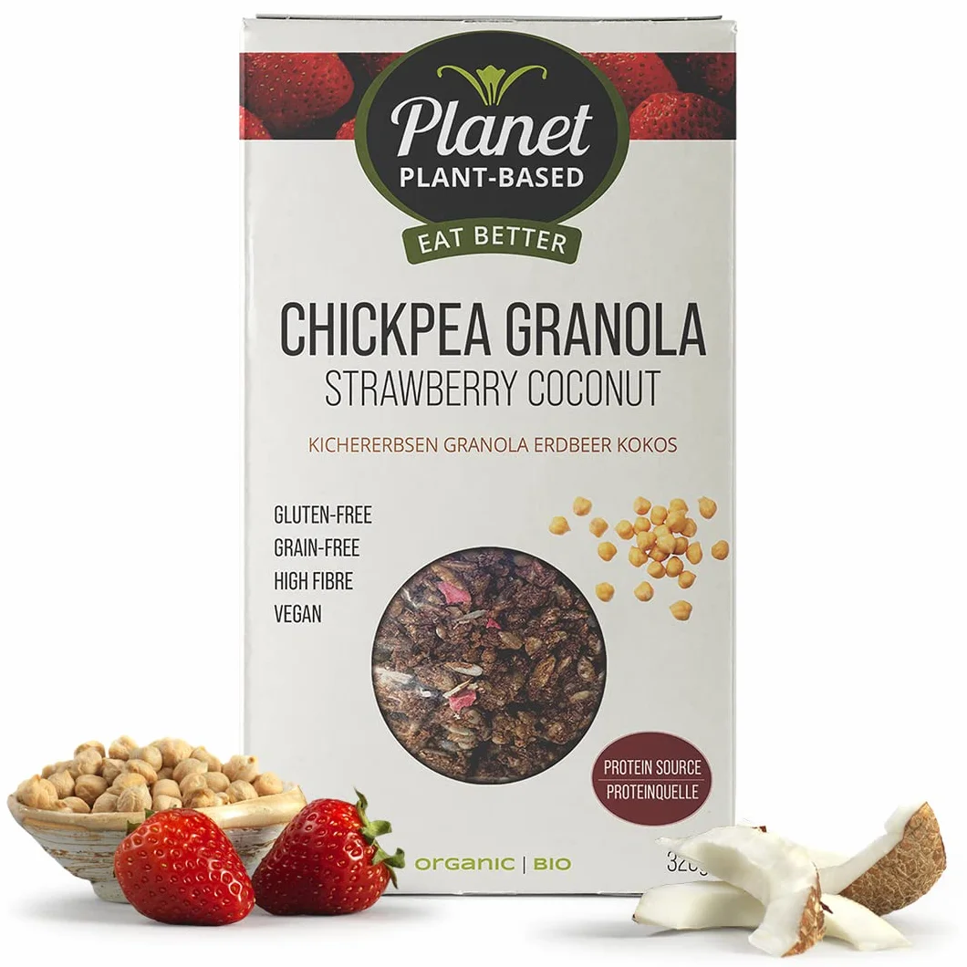 Planet Plant-Based Bio Granola Kichererbsen Truskawkowy kokos 320 g Bez glutenu Proteinreich Vegan Ballaststoff