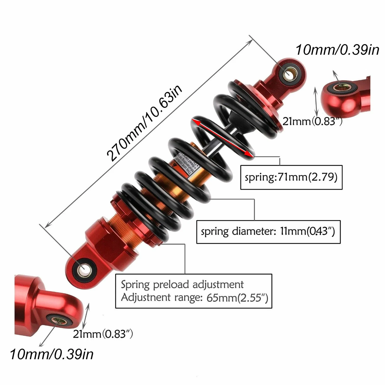 Aramox Amortyzator motocyklowy, 270mm Amortyzator tylny 11mm Regulowany amortyzator sprężynowy Uniwersalny do motocykli, quadów, quadów, skuterów