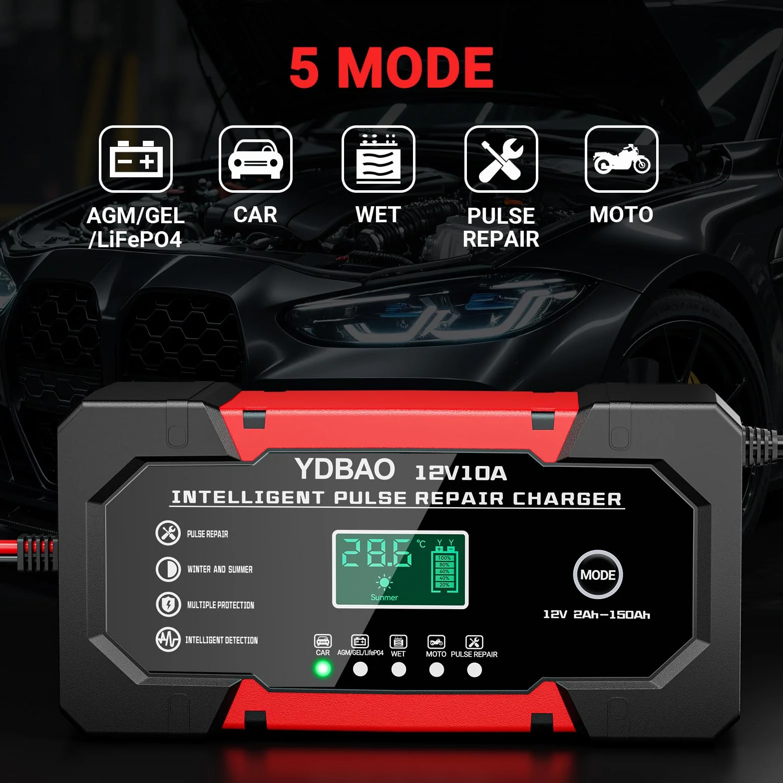 YDBAO Prostownik Samochodowy 12V 10A LiFePO4 Inteligentna Ładowarka Akumulatorowa z Trybem Naprawy do AGM GEL WET LiFePO4 do Samochodu Motocykla i Ciężarówki