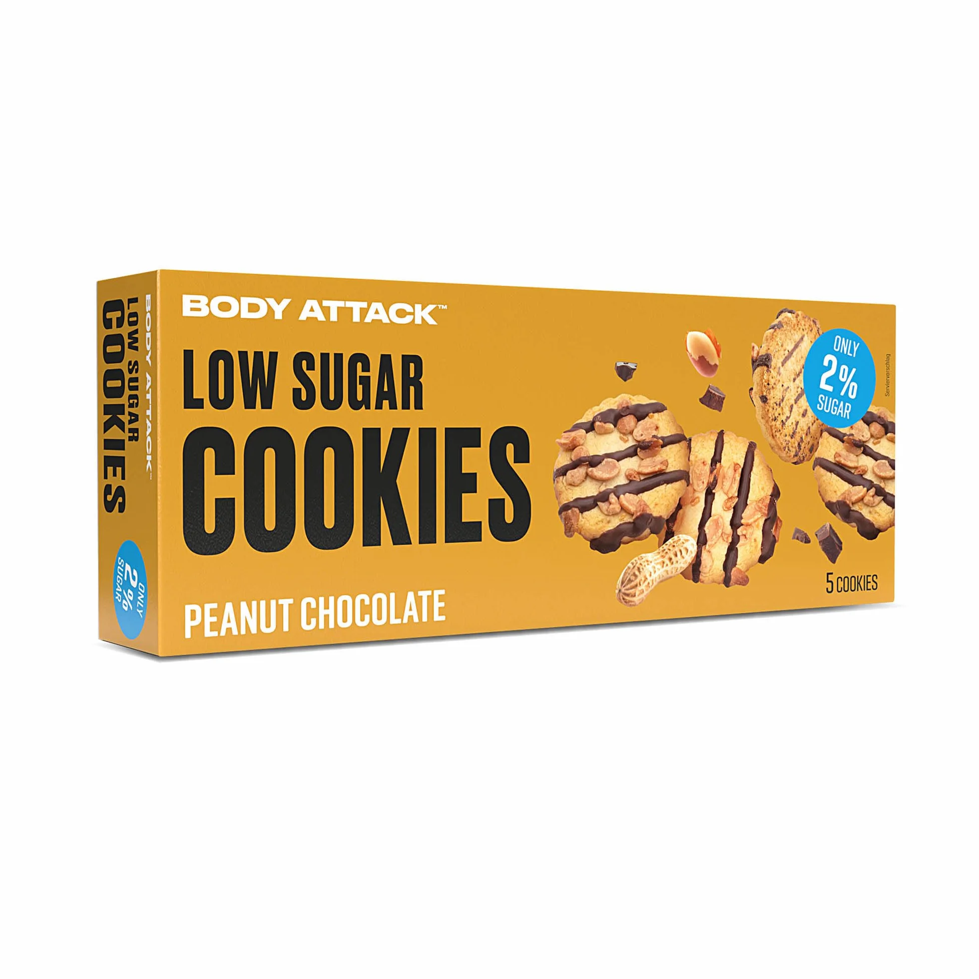 BODY ATTACK LOW SUGAR COOKIES - Peanut Choc – 125 g – pyszne odmiany z niewielką ilością cukru lub bez cukru – ciasteczka z białkiem – bogata w białko przekąska o niskiej zawartości cukru – bez
