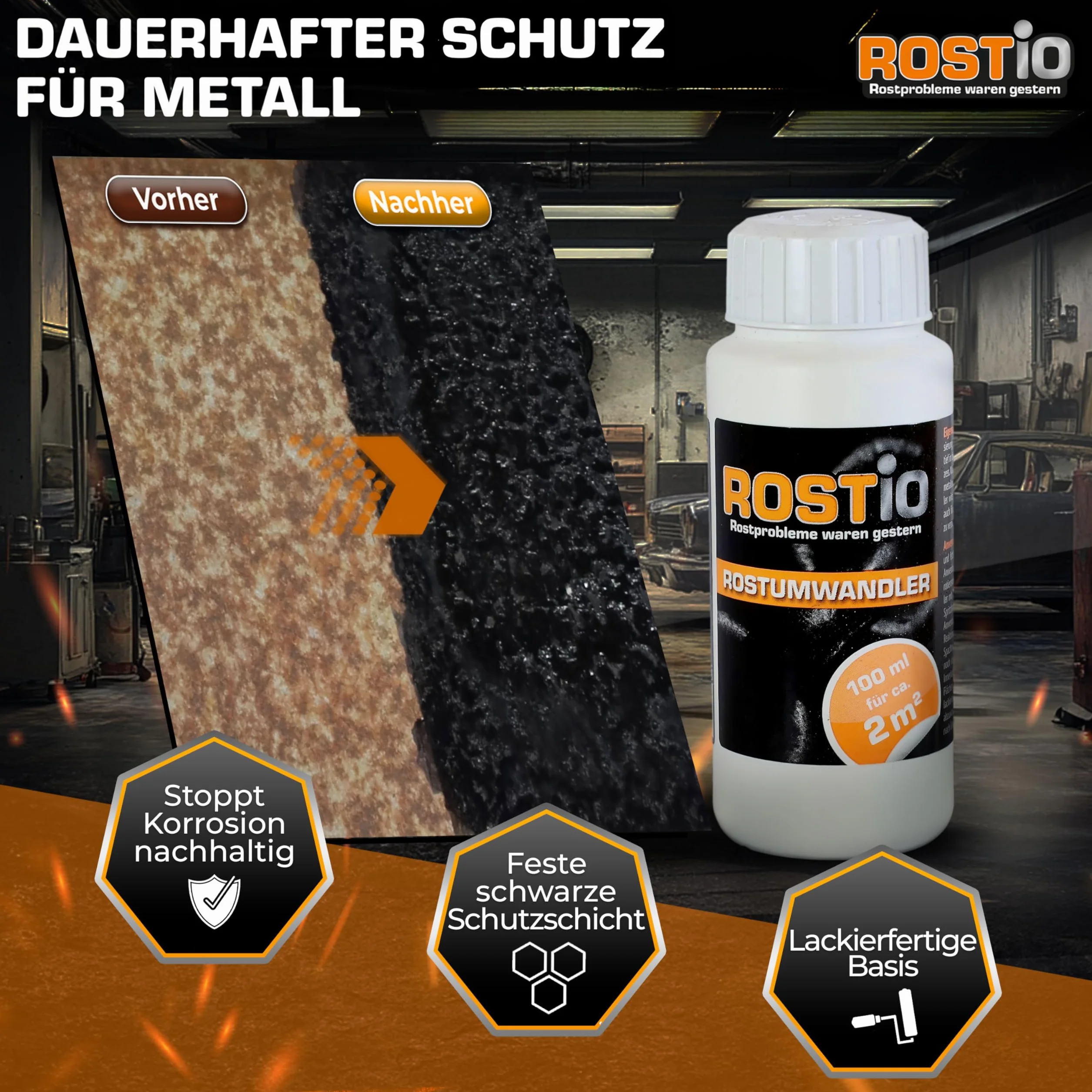 Rostio Odrdzewiacz 100 ml – środek do usuwania rdzy z pędzlem – konwerter rdzy i podkład – do samochodu, stali i żelaza – bez zmywania – nadaje się do lakierowania po 6-8 h – wydajna do 2 m²