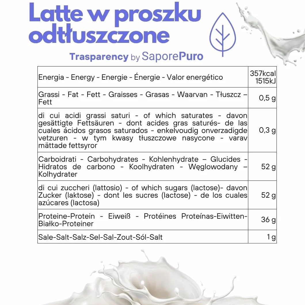 SaporePuro Odtłuszczone Mleko w Proszku 1 kg – Mleko do Spożycia przez Ludzi | Wysoka Rozpuszczalność | Idealne do Ciast, Chleba i Lodów | Zastosowanie Profesjonalne i Przemysłowe | Bezglutenowe