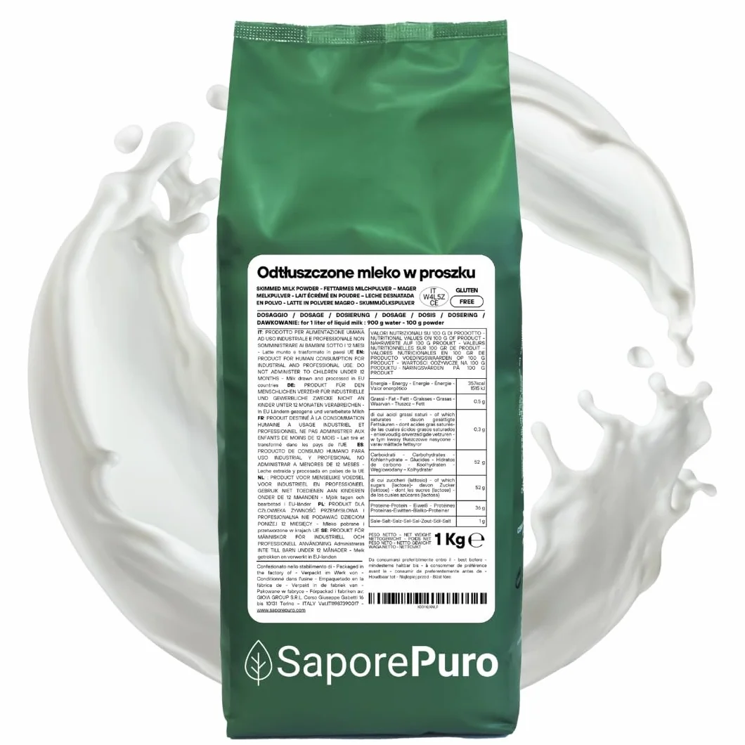 SaporePuro Odtłuszczone Mleko w Proszku 1 kg – Mleko do Spożycia przez Ludzi | Wysoka Rozpuszczalność | Idealne do Ciast, Chleba i Lodów | Zastosowanie Profesjonalne i Przemysłowe | Bezglutenowe