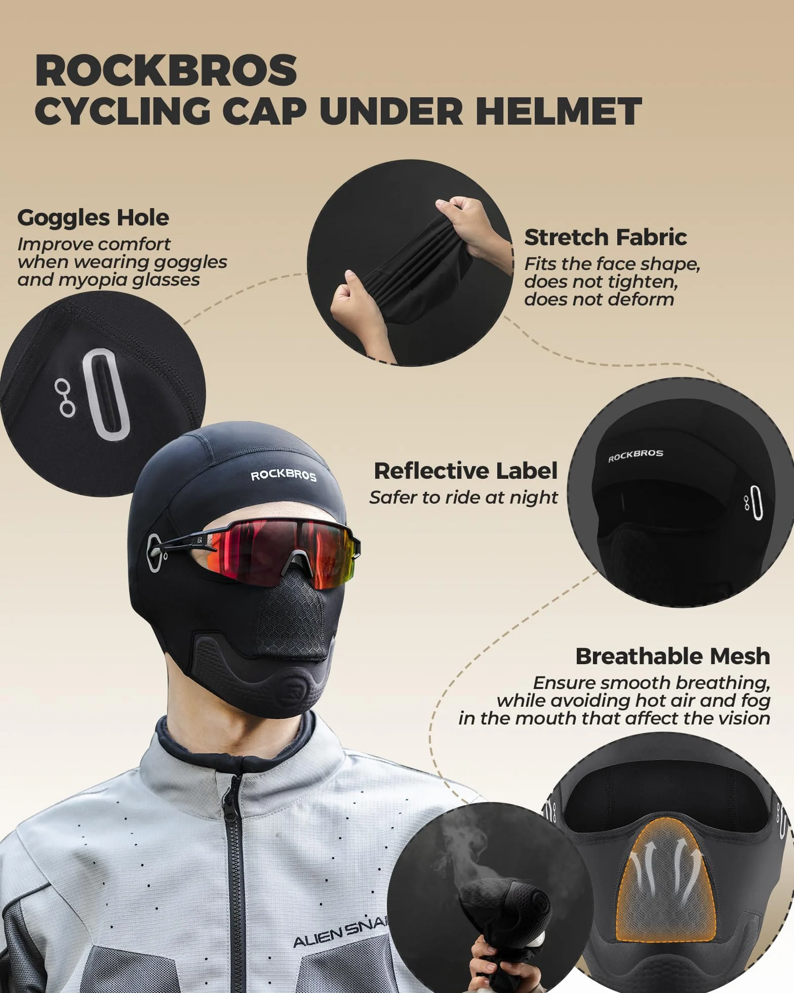 ROCKBROS Maska Motocyklowa MTB Fleece Winter Rowerowa Kominiarka Termiczna dla Mężczyzn Elastyczna Kominiarka na Szyję Camping Narty Podróż Ciepły Sport, Czarny