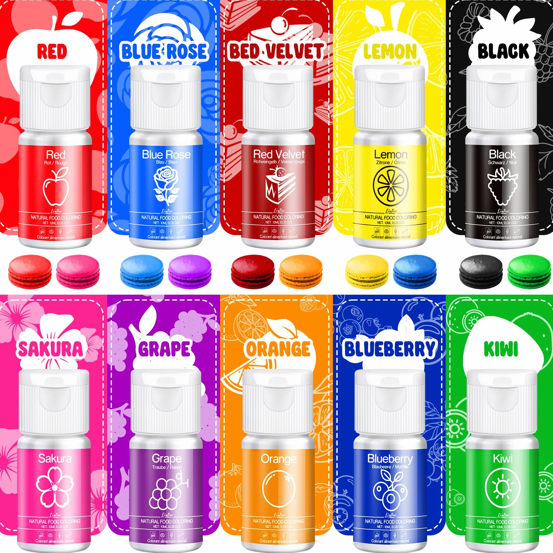 Naturalny barwnik spożywczy – 10 x 10 ml płynne barwniki spożywcze na bazie roślin, nie zawiera sztucznych barwników, czysto naturalne kolory do pieczenia, dekorowania ciasta, fondantu, lukru