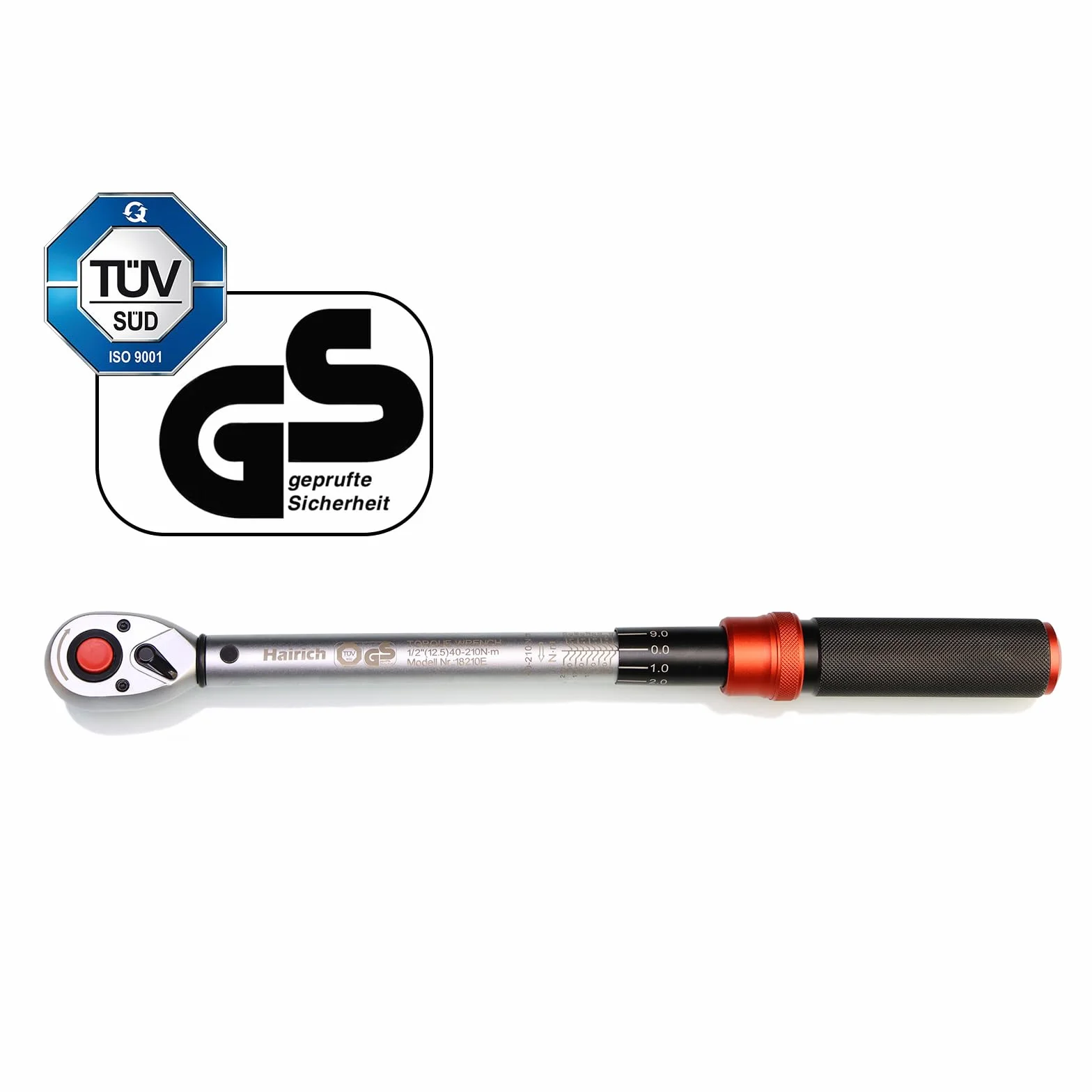 Hairich Klucz dynamometryczny 1/2", klucz nasadowy 40-210 Nm, certyfikat TÜV Süd GS, 6-częściowy zestaw z przedłużeniem 125 mm, adapter 1/2"-3/8" i 3 nasadkami - wymiana opon i motocykli