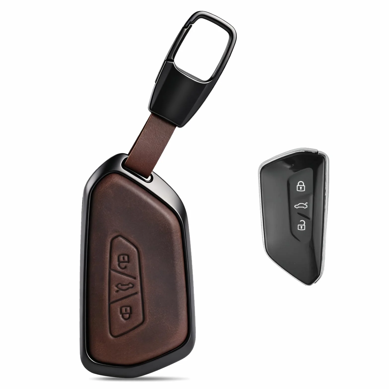 Etui na kluczyk samochodowy z VW 3 przyciski, stop cynku + skórzana obudowa na klucze, kompatybilne z Golf 8 ID4 Cupra GTE Seat Leon MK4 Tarraco Ateca Octavia 3 Guziki -Brown