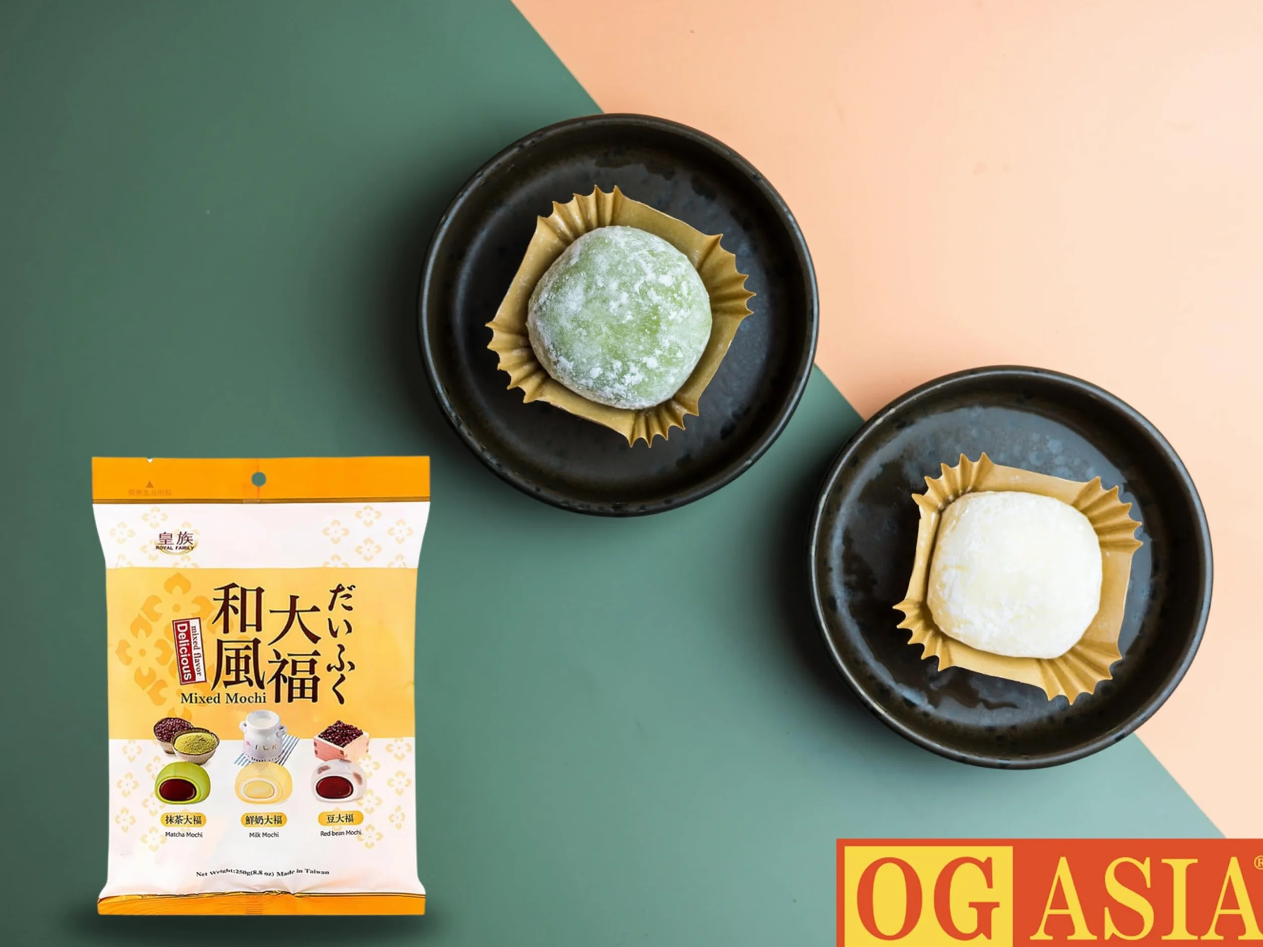 Delicious Pyszne Mini Mochi Mix – 3 rodzaje – mleko, matcha, czerwona fasola – japońskie słodkie potrawy – miękkie i lepkie ciasto ryżowe – OG ASIA – 250 g