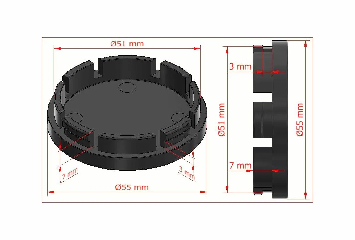 Nakładki na felgi o średnicy 51-52 mm, 4 szt. x 55 mm, pasują do felg o średnicy otworu felgi 51-52 mm