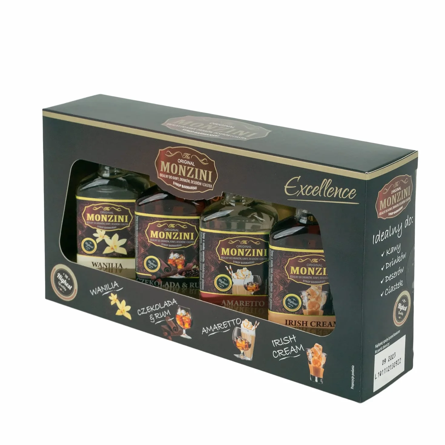 Zestaw syropów do kawy 4 x 50 ml: amaretto, czekolada z rumem, irish cream, wanilia