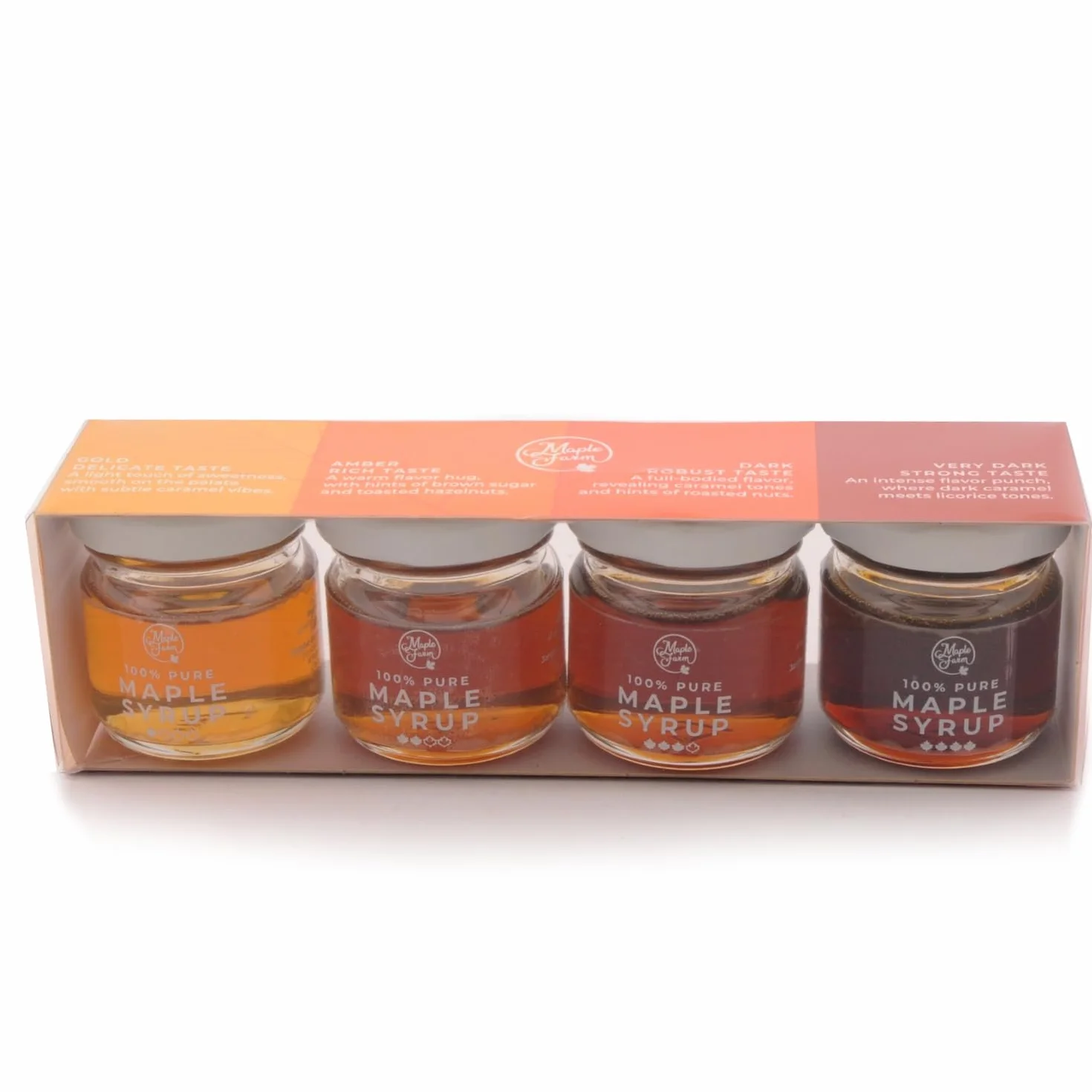 MapleFarm - Zestaw do degustacji syropu klonowego z 4 odmianami: GOLD - AMBER - DARK - VERY DARK. Format 4 x 30 g.