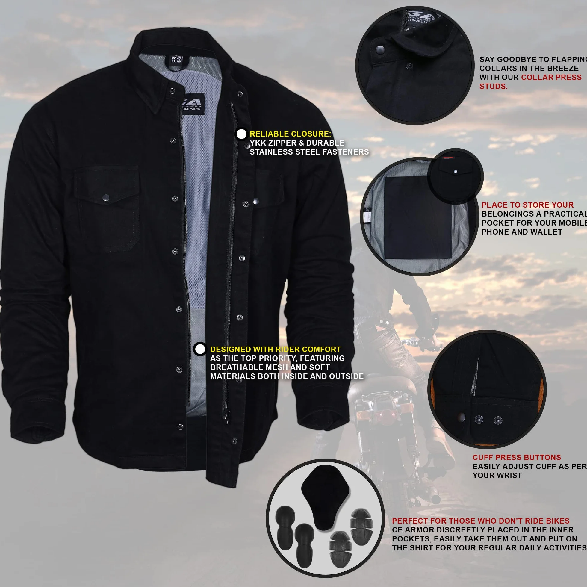 Bikers Gear Australia Motocykl Kevlar Aramid Podszewka Ochronna Koszula Flanelowa Jednolita Czarna Z CE 1621-1 Zdejmowana Zbroja Rozmiar L