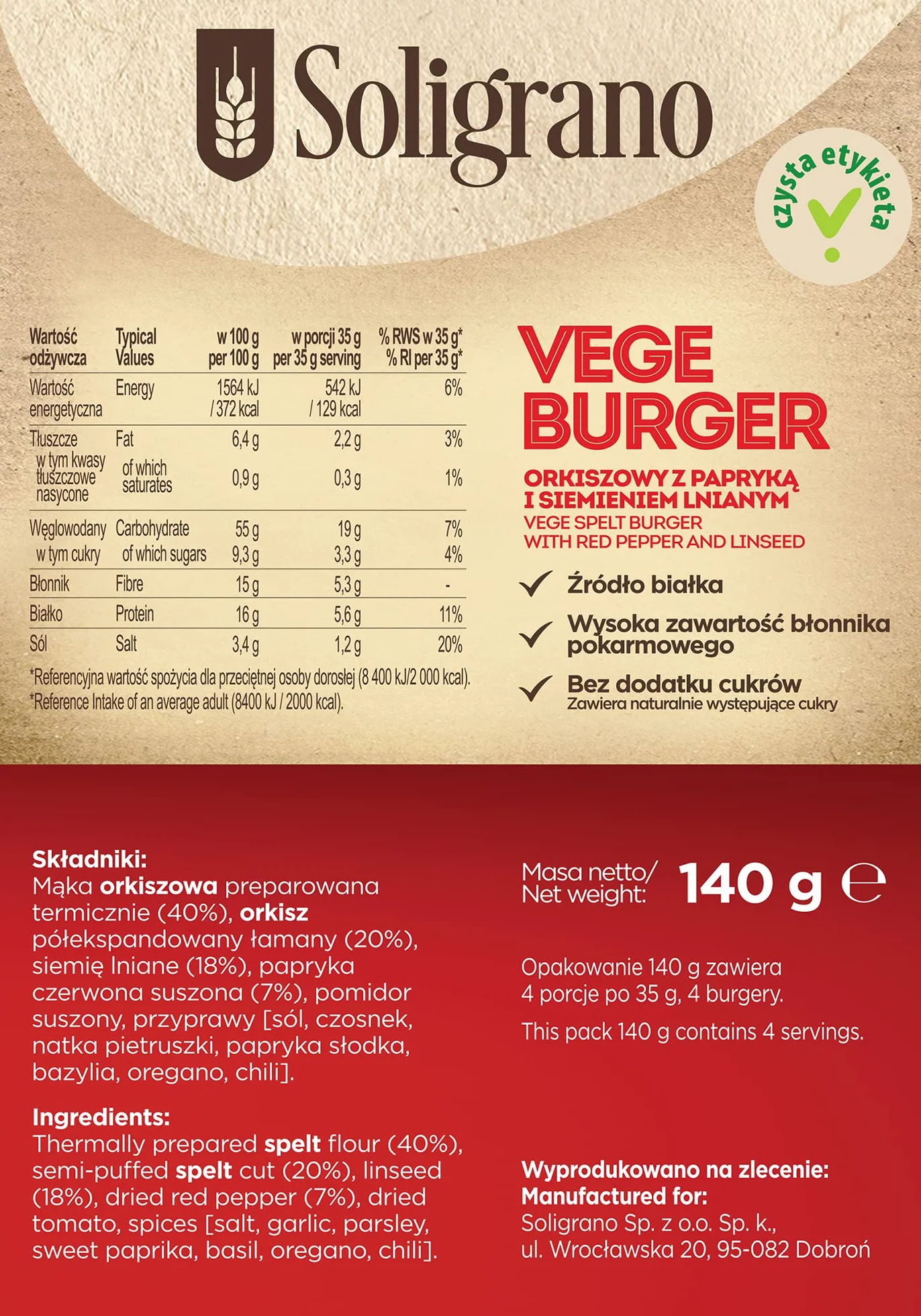 Soligrano Burger orkiszowo-paprykowy 140 g