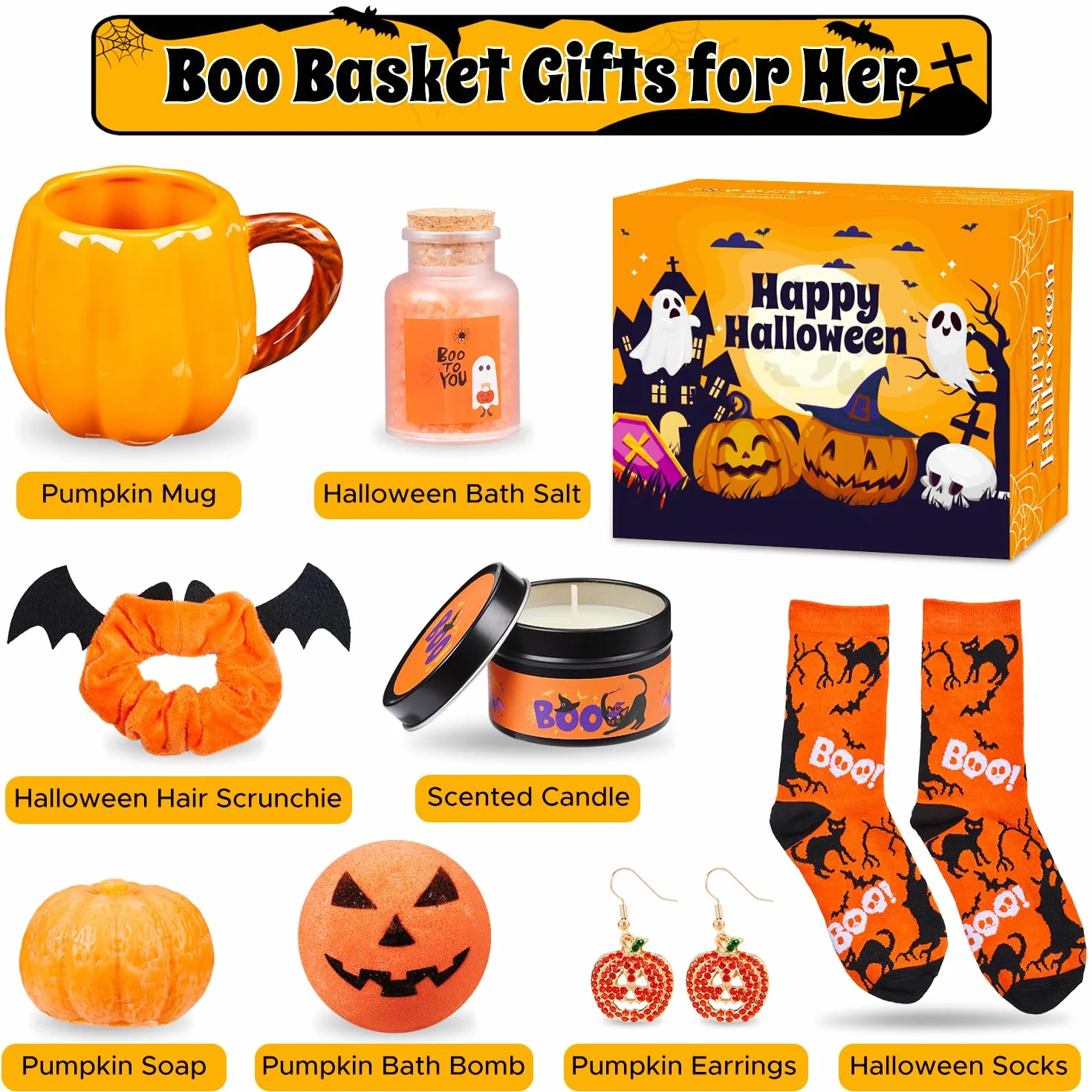 Boo Basket Prezenty dla kobiet, nastolatek, dziewcząt, wypełniacz do koszyka, dla nastolatków, dorosłych, z kubkiem z dynią, świeca zapachowa, skarpety na Halloween, prezent dla przyjaciół rodziny