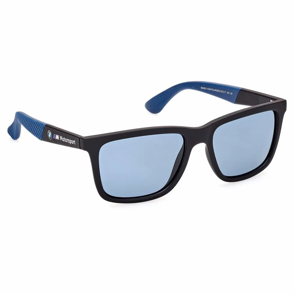 BWM M Motorsport BS0031 męskie okulary przeciwsłoneczne, lekkie okulary przeciwsłoneczne, prostokątne soczewki, niebieskie szkło polaryzacyjne, matowe czarne, czarny, 54