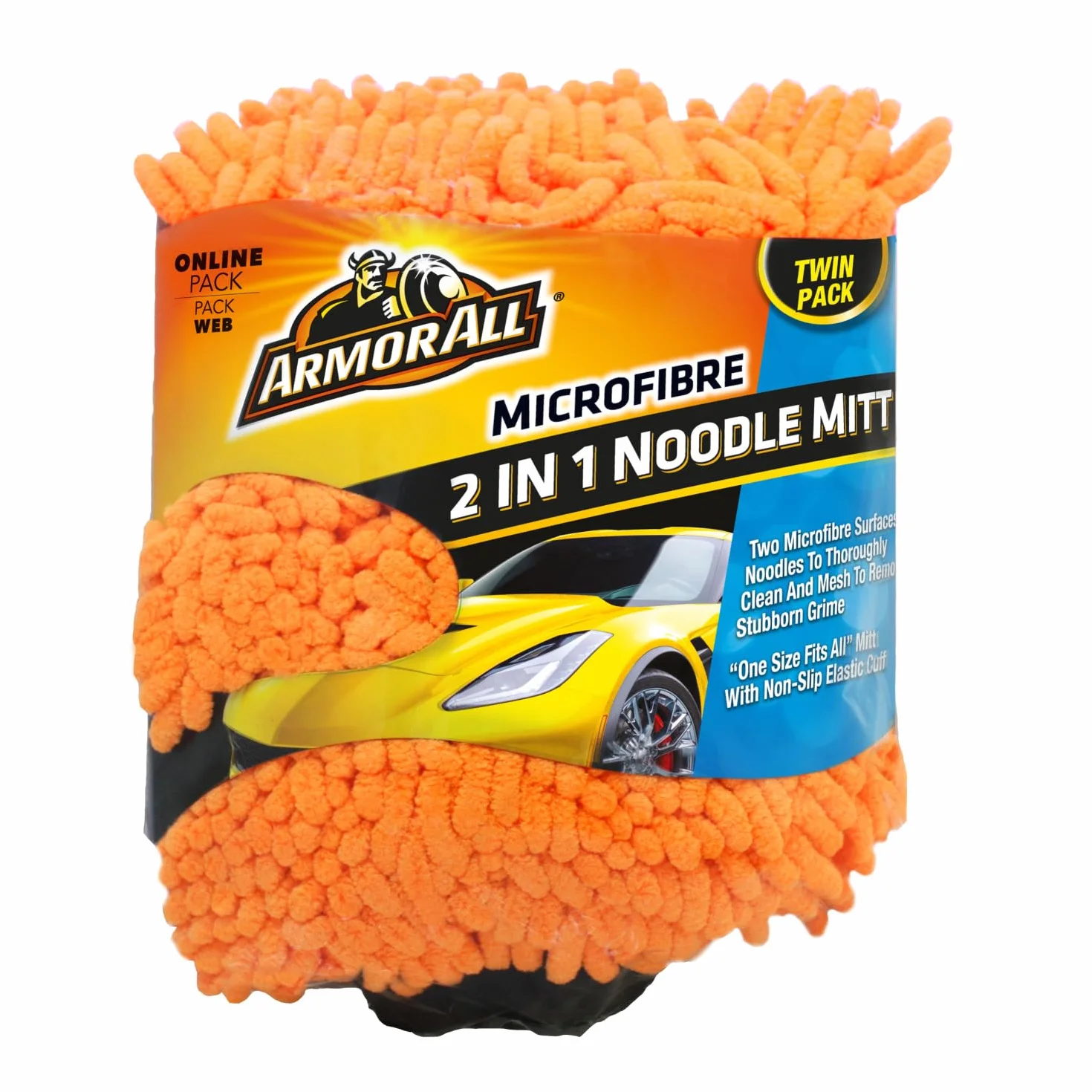 Armor All, Rękawica do mycia samochodu z makaronem z mikrofibry, zestaw 2 sztuk, podwójne powierzchnie eliminujące brud i robaki, zaprojektowana z myślą o szybkim, pozbawionym smug wykończeniu lakieru