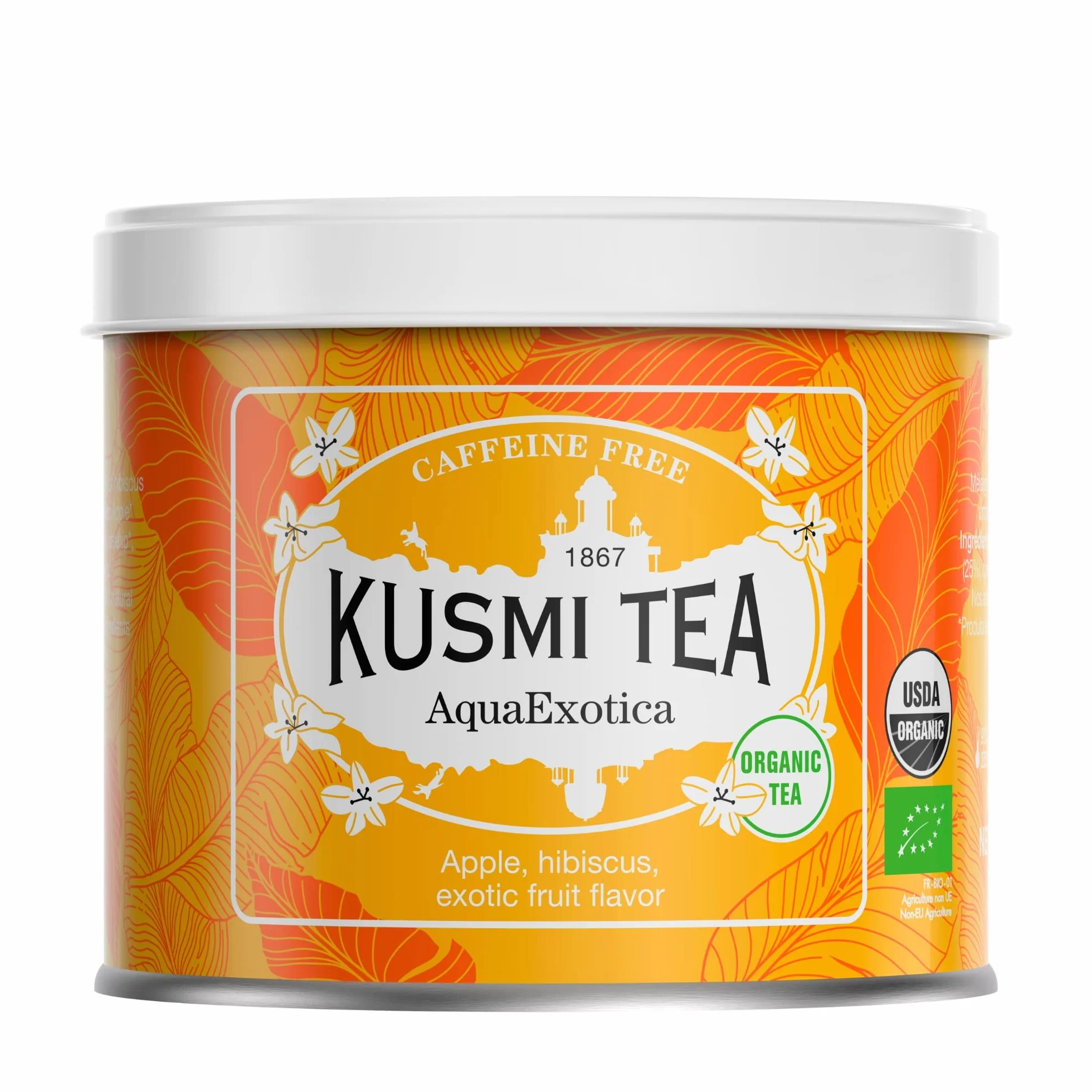 Kusmi Tea - AquaExotica - Organic Infusion - Hibiscus and Apple Blend Flavoured with Exotic Fruits - Do picia na gorąco lub jako herbata mrożona - Metal Tea Tin 100g na około 50 filiżanek