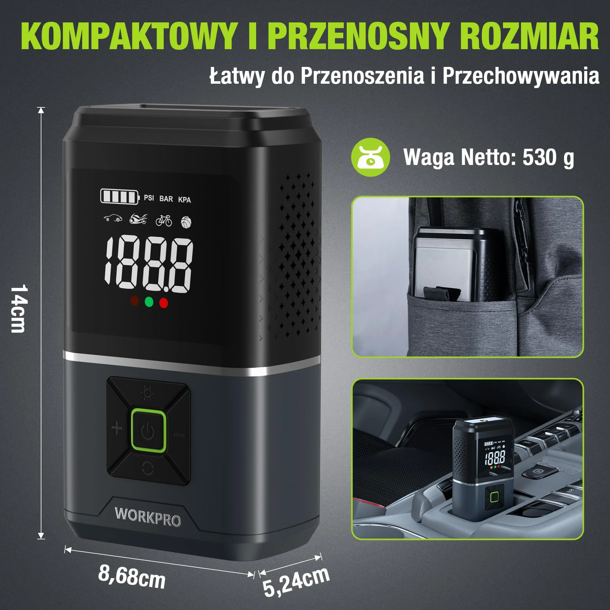 WORKPRO Bezprzewodowa sprężarka powietrza, 2500 mAh, 7,2 V, przenośna sprężarka powietrza z 4 trybami, 150 PSI, inteligentny cyfrowy wyświetlacz LED, SOS do samochodu, motocykla, piłki, rowerów
