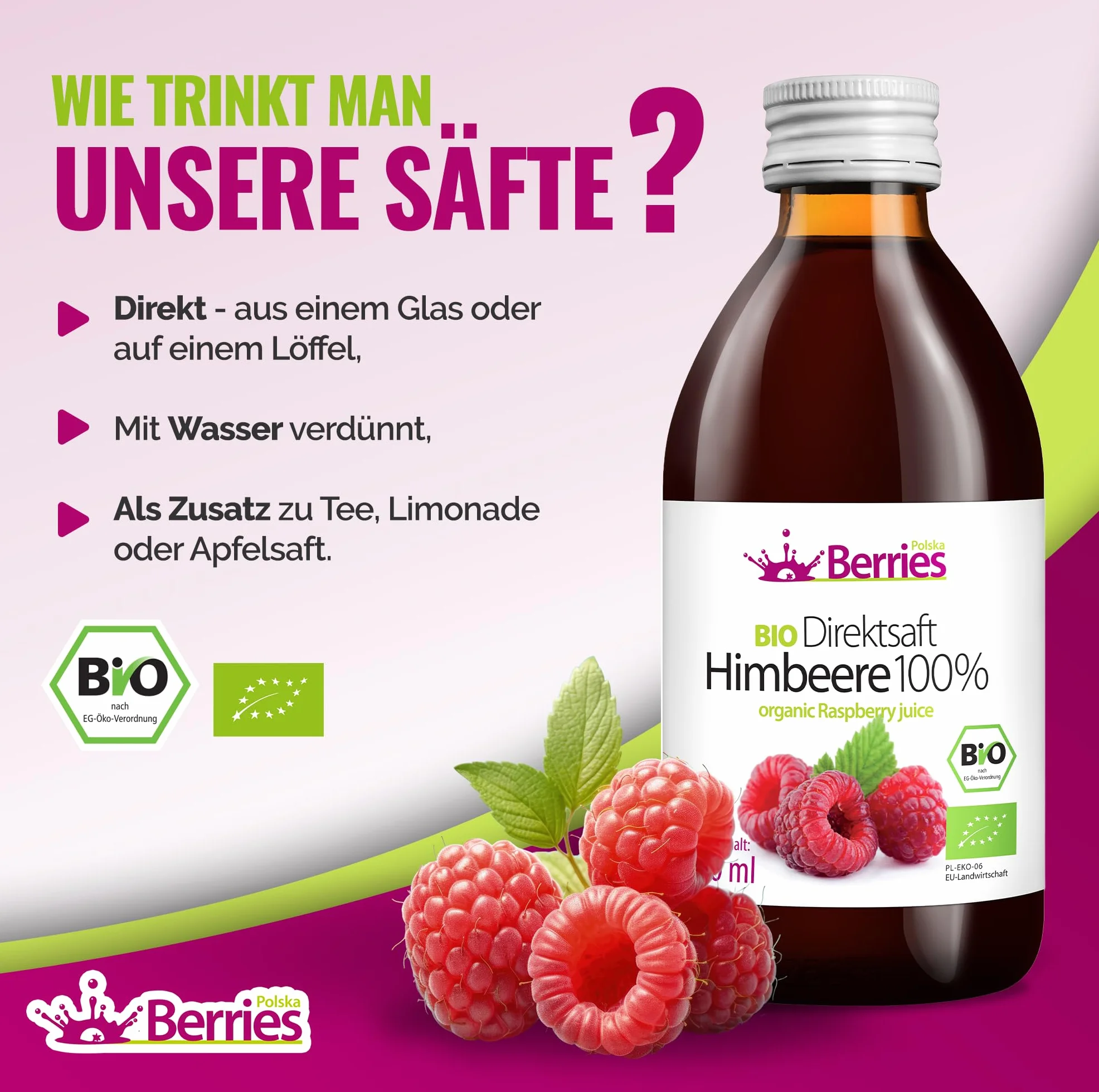 Berries Polska BIO 6x250ml Sok Bezpośrednio z Owoców Ekologicznych Tłoczony na Zimno - bez barwników, bez cukru, bez GMO, bez konserwantów - Wegański, Wegetariański, Organiczny - Czarna porzeczka