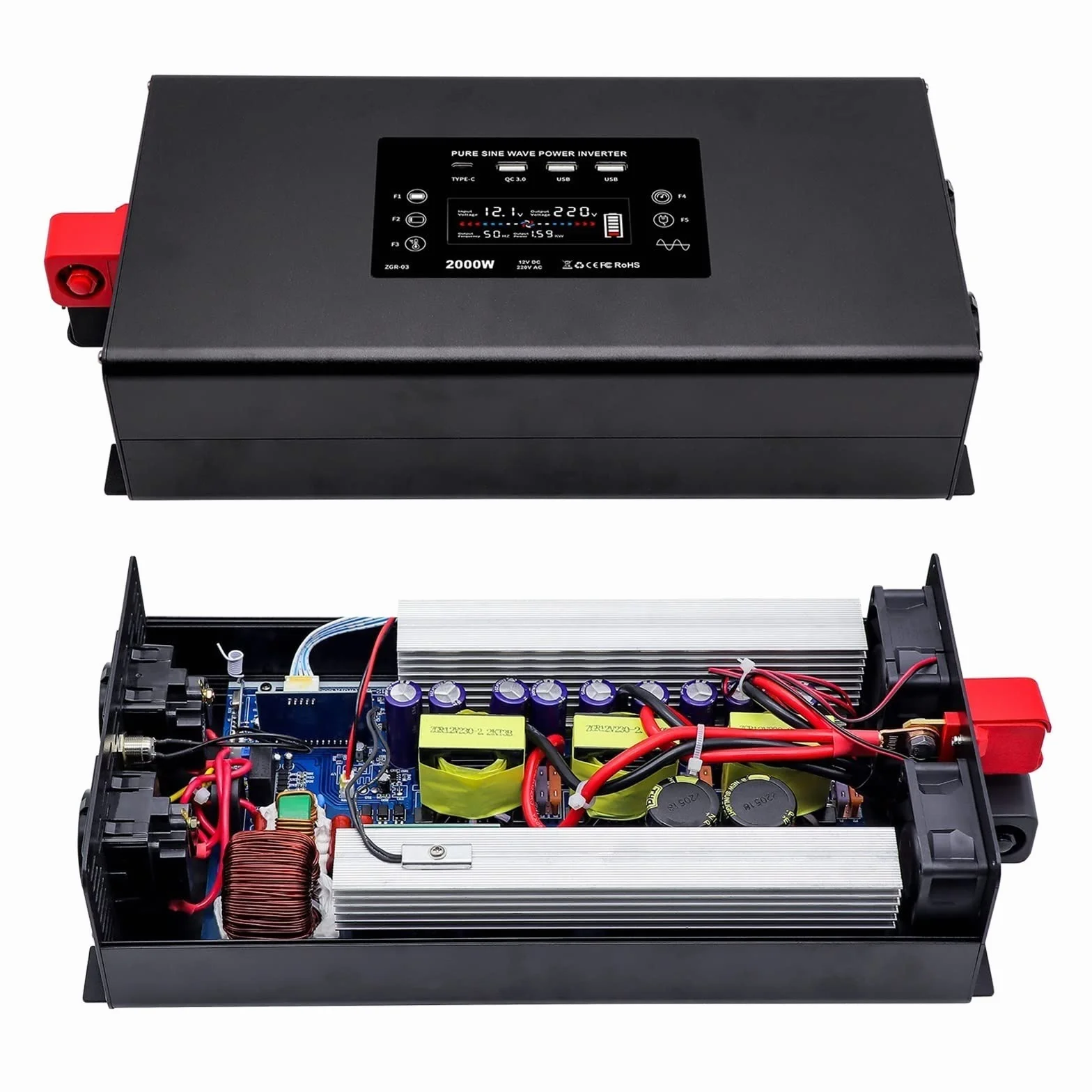Falownik, Czysta fala sinusoidalna przetwornica mocy moc szczytowa 4000W DC 12V 24V 36V 48V 60V do AC 220 230 ciągła 2000W