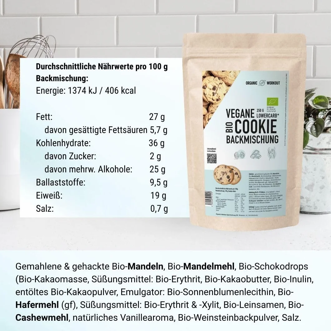 Ekologiczna mieszanka ciasteczek czekoladowych keto, bezglutenowa, wegańska, bez cukru, z errytrytlem i mąką migdałową