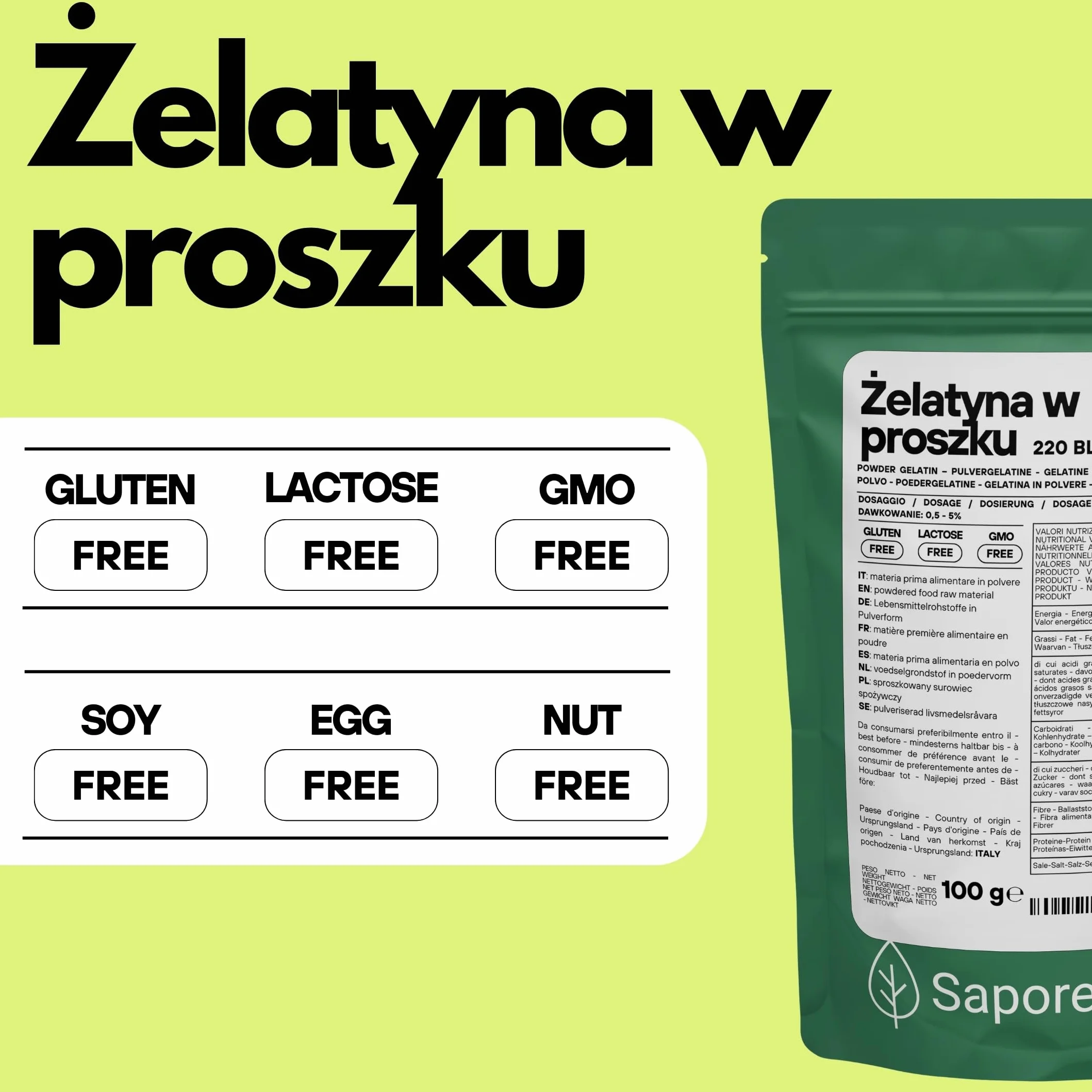 SaporePuro Żelatyna Spożywcza w Proszku 100 g 220 Bloom