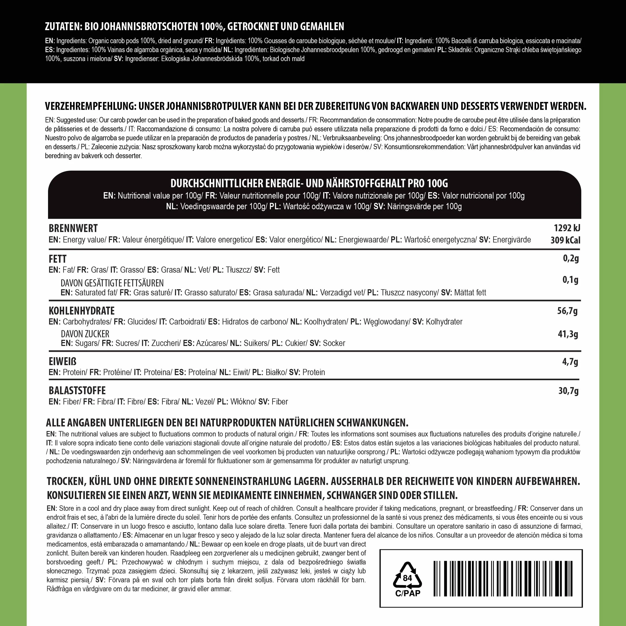 Alpi Nature Ekologiczny Proszek z Karobu 250g, Mielone Strąki Karobu, Naturalny Słodzik do Pieczenia