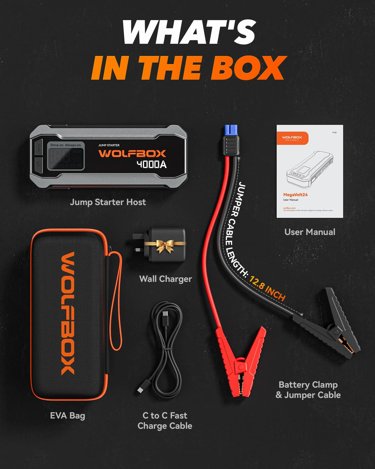 WOLFBOX 4000 A Jump Starter Power Pack, rozrusznik akumulatora samochodowego 12 V z szybką ładowarką 65 W, akumulator 24000 mAh (silnik wysokoprężny 10 l gazowy 10 l) ze światłem LED, wzmacniaczem