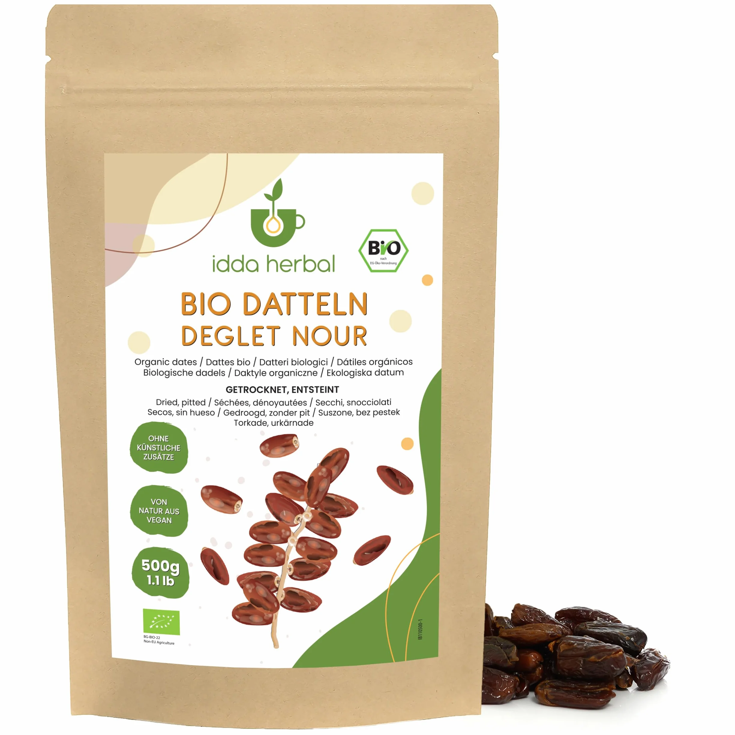 IDDA Herbal Ekologiczne Drylowane Daktyle 500g, Suszone Daktyle Bez Pestek, Gotowa do Spożycia Przekąska Owocowa