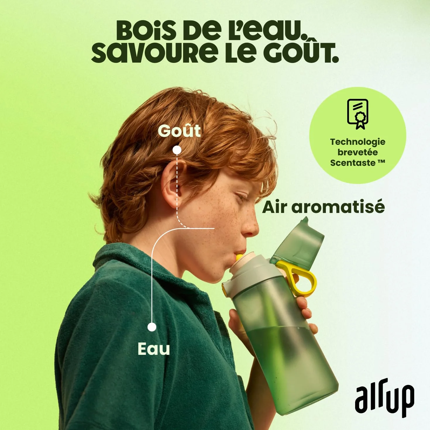 AIR UP® butelka na wodę Click Turtle Zielony zestaw startowy z wkładami w 5 smakach | 600ml butelka na napoje z bezcukrowym smakiem | odporna na zmywarkę, bez BPA