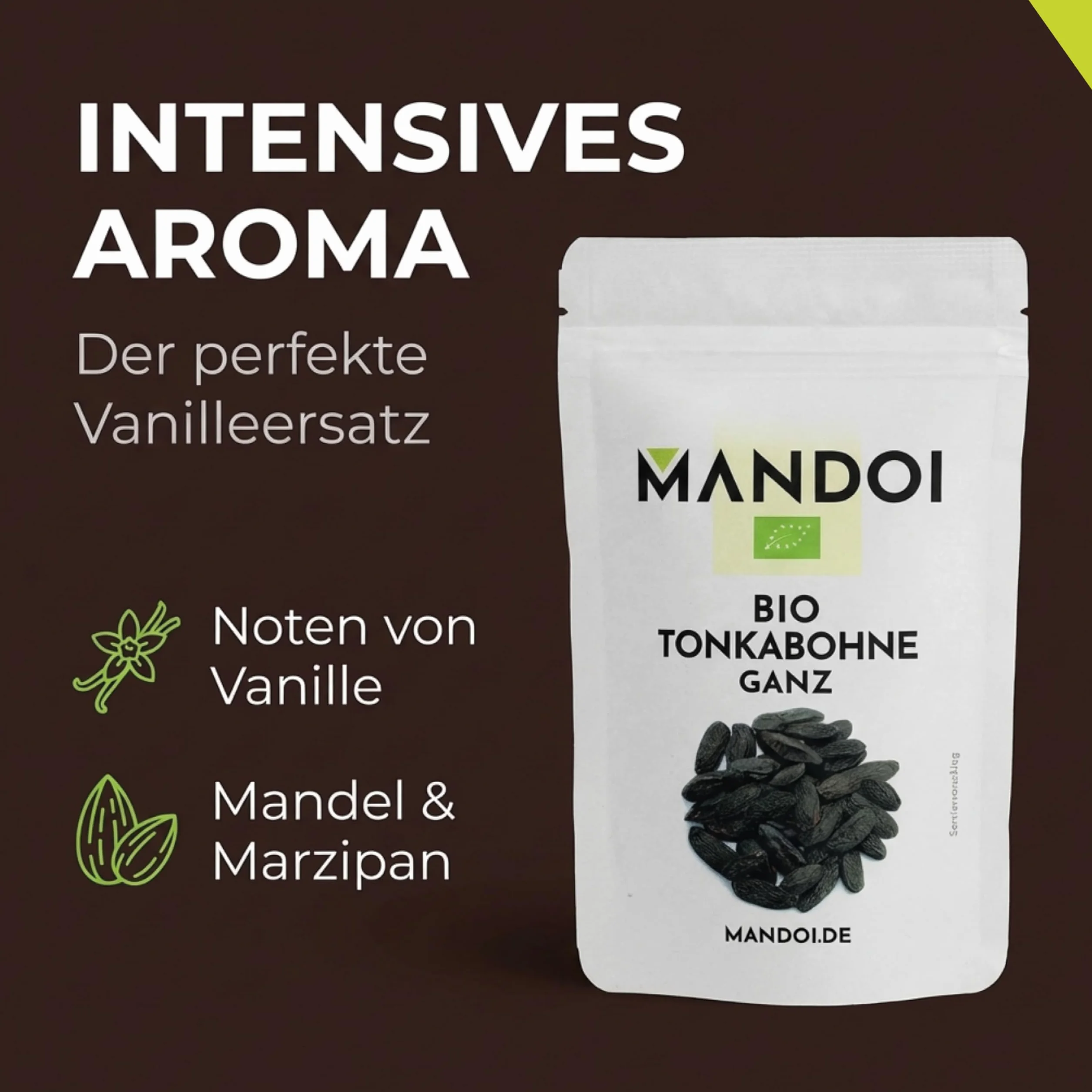Mandoi BIO Tonkabohne ganz, 10 Stück. Premium BIO Tonkabohnen aus Brasilien. Tonka Bohne Gin Gewürze