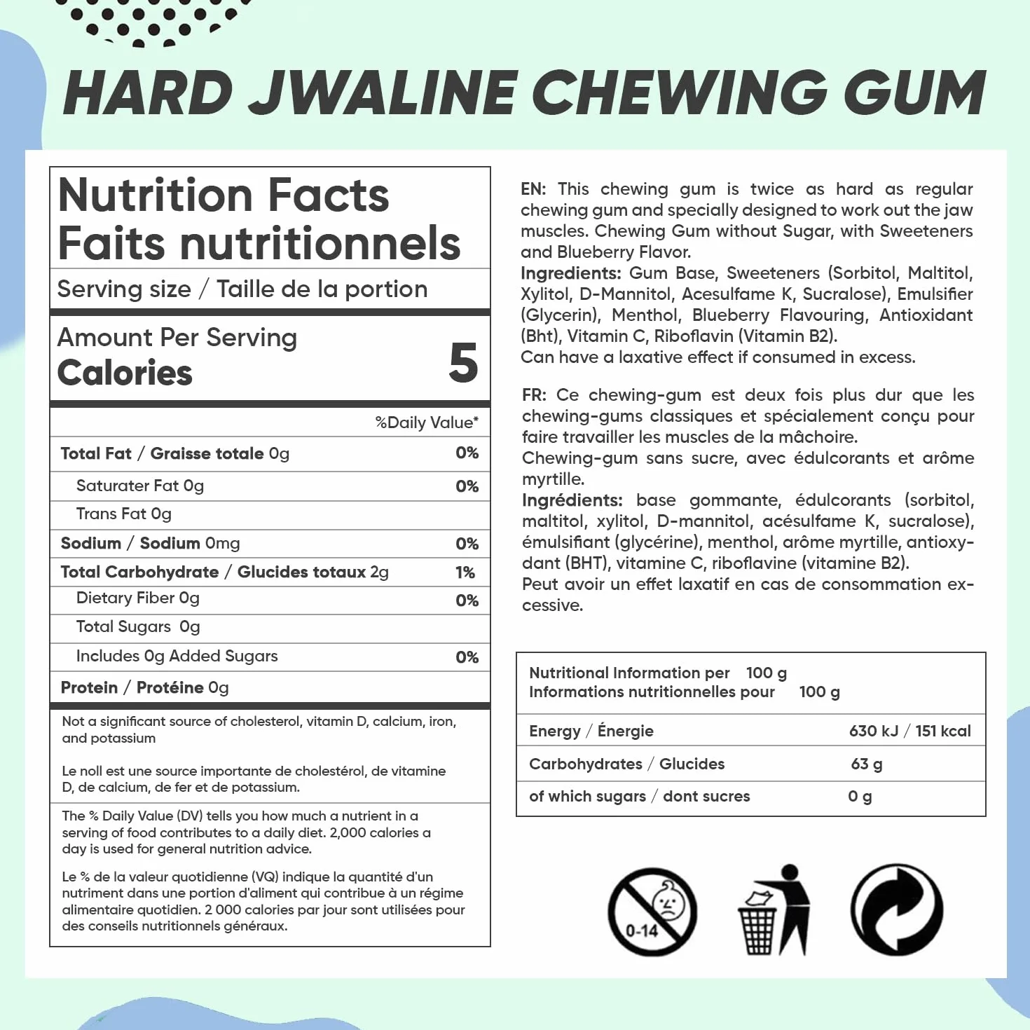 Jawliner® Twarda Guma do Żuchwy – Bez Cukru – Jagodowa – Guma Ćwicząca Mewing – 2x Twardsza niż Zwykła Guma – 130 g (48 pasków)
