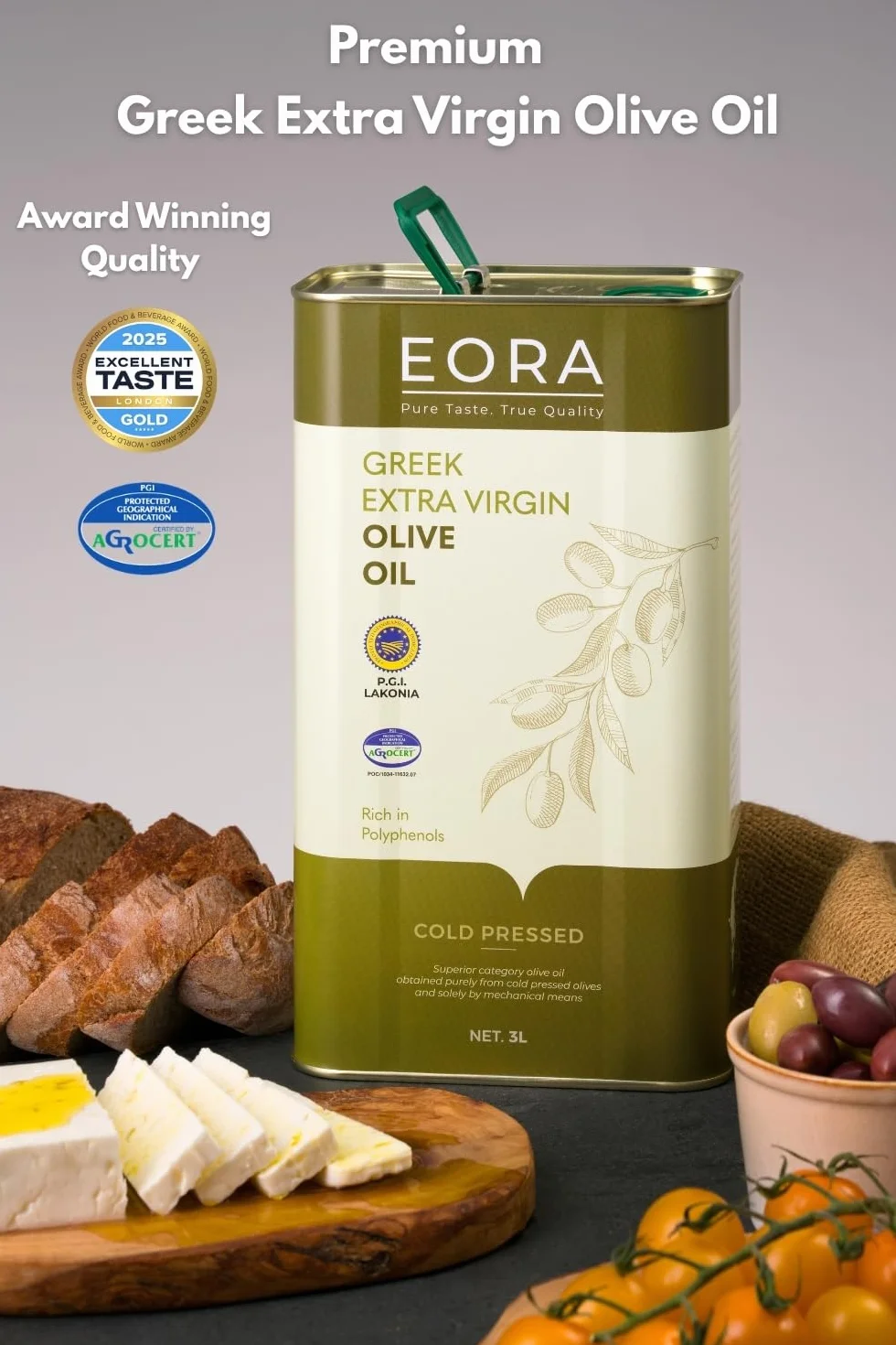 EORA Premium Grecka Oliwa z Oliwek Extra Virgin 3L (Nowe Zbiory 25/26) – wysoka zawartość polifenoli, tłoczona na zimno, bardzo niska kwasowość ~0,35% – jedno pochodzenie P.G.I. Lakonia.